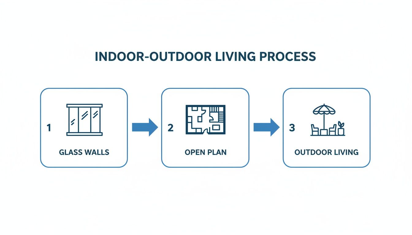 A diagram illustrating the three-step indoor-outdoor living process: glass walls, open plan, and outdoor living.