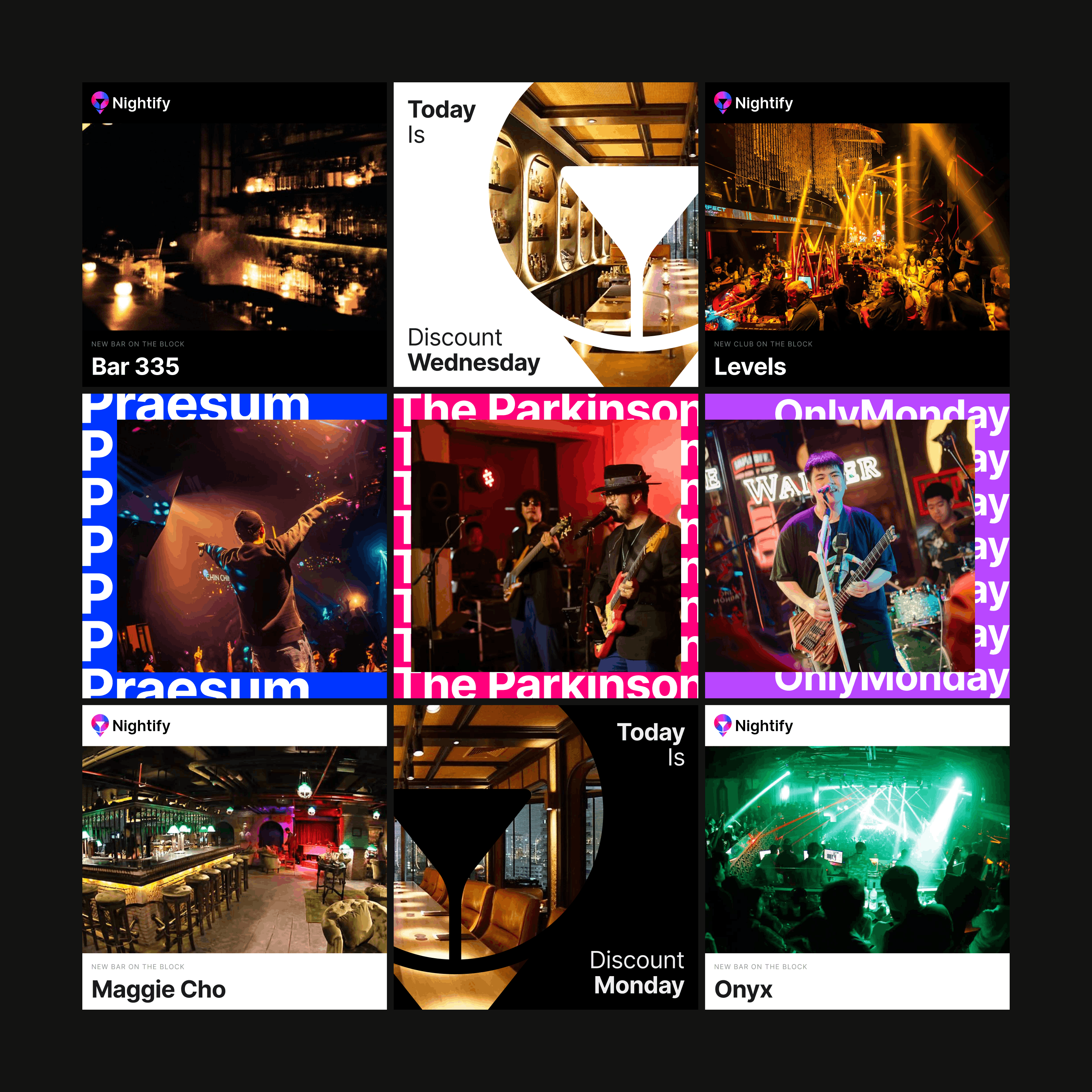 A 3x3 grid of Nightify social media and event promotional designs. Showcases a mix of high-energy nightlife photography and clean, branded graphic overlays for recurring events like "Discount Wednesday" and "Discount Monday."