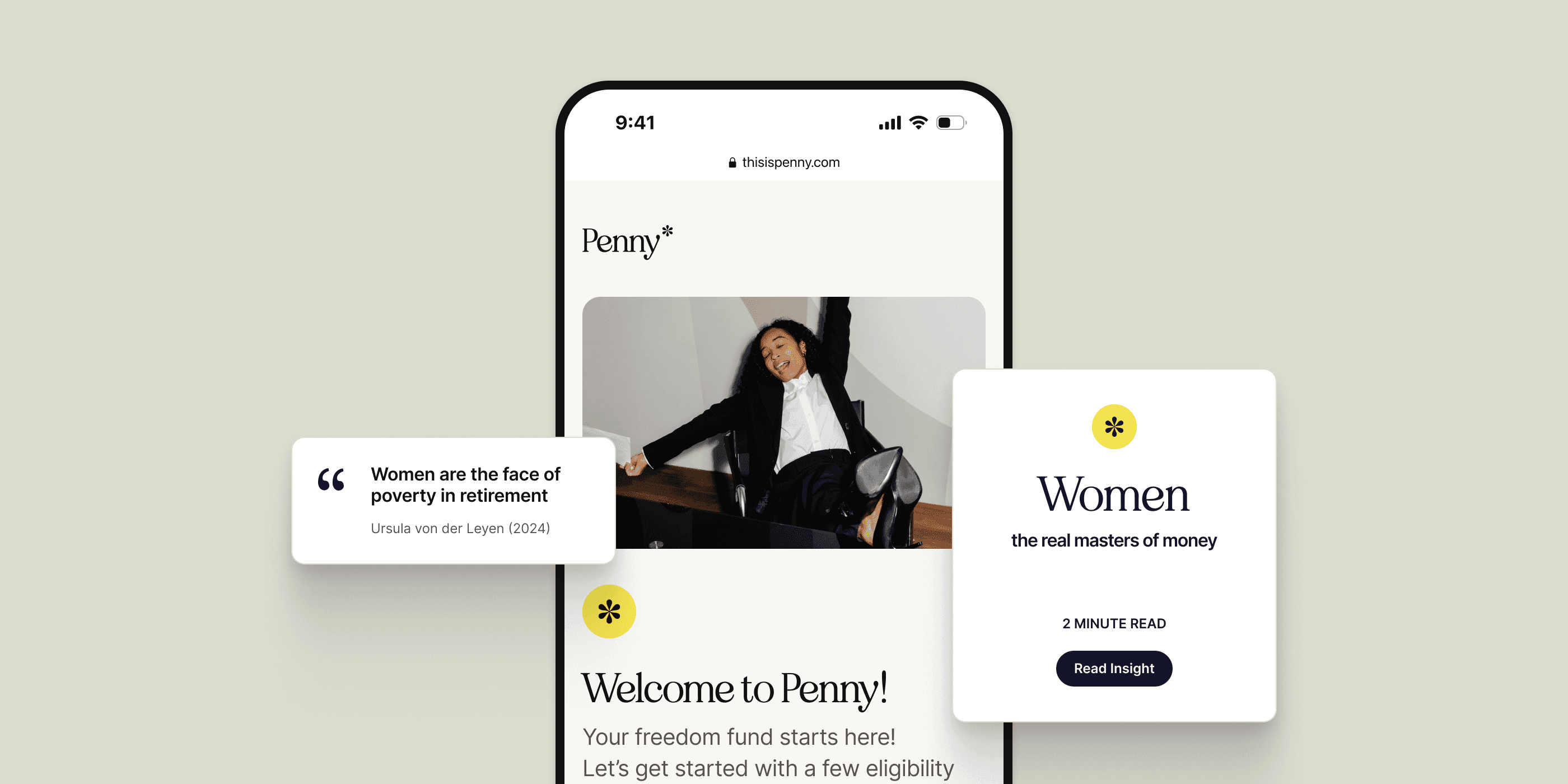 Mobile interface of the Penny platform featuring a welcome message, a quote about women's financial challenges, and an article titled 'Women: the real masters of money', with a photo of a joyful businesswoman in a modern office setting.