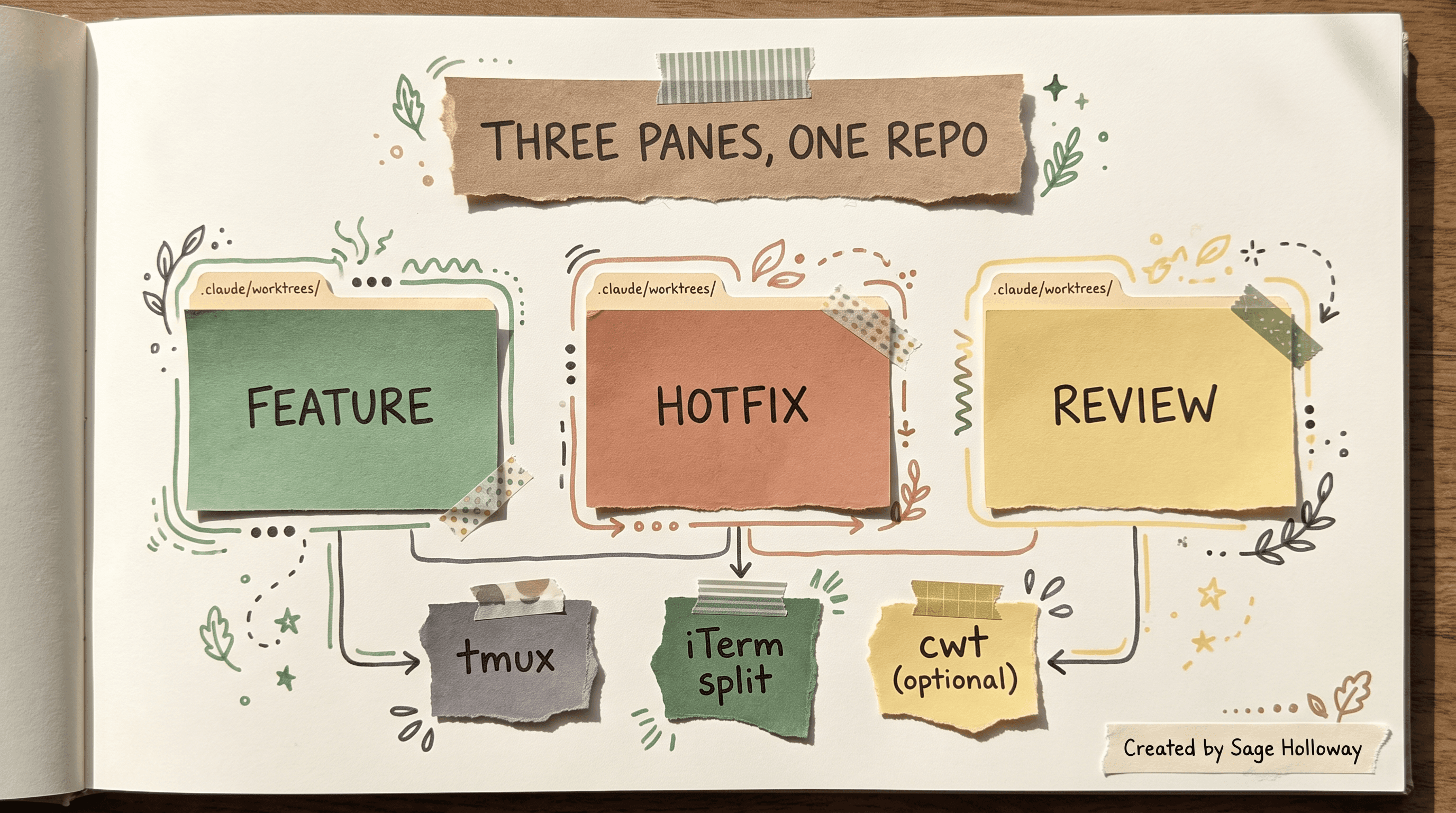 Scrapbook diagram of parallel Claude Code worktree sessions as labeled terminal panes with tmux and wrapper notes