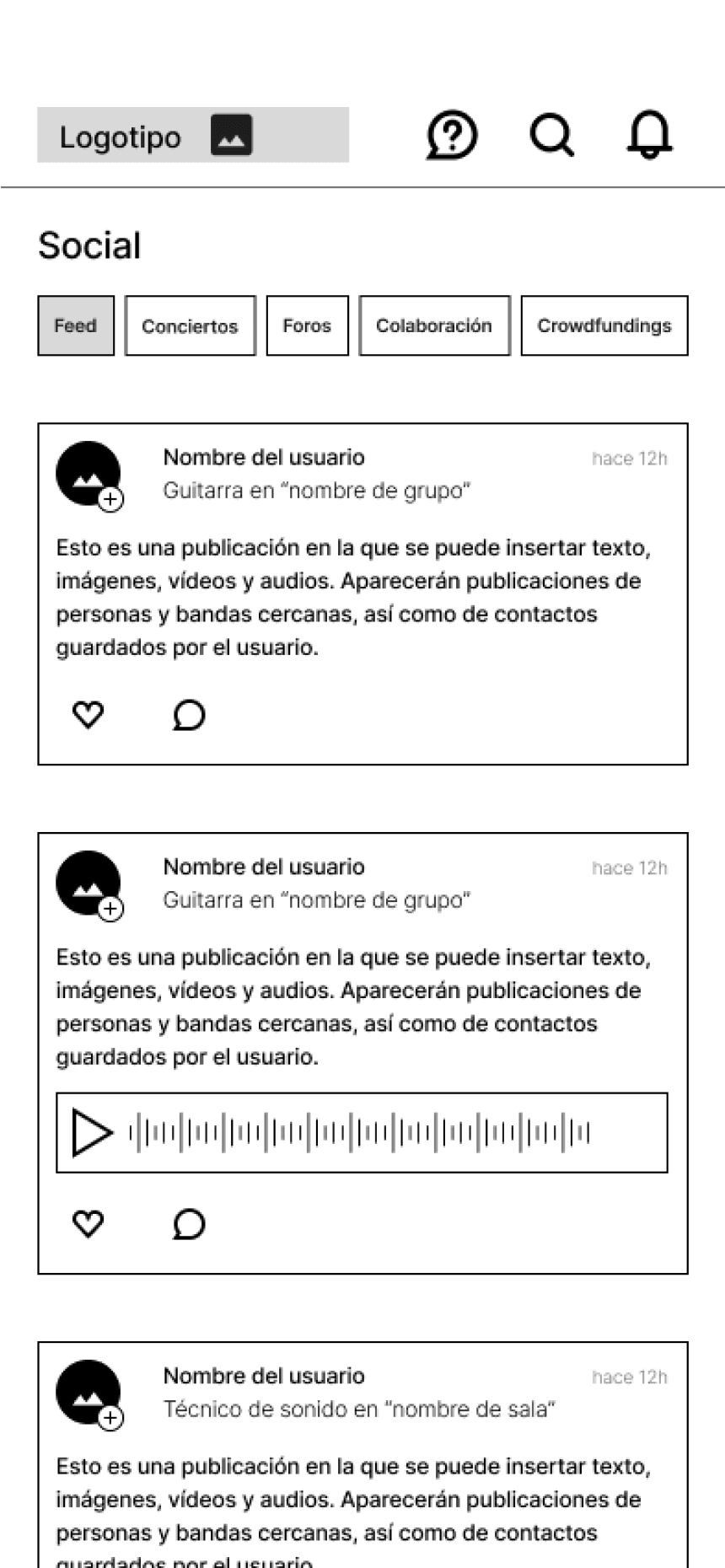Wireframe de app para músicos
