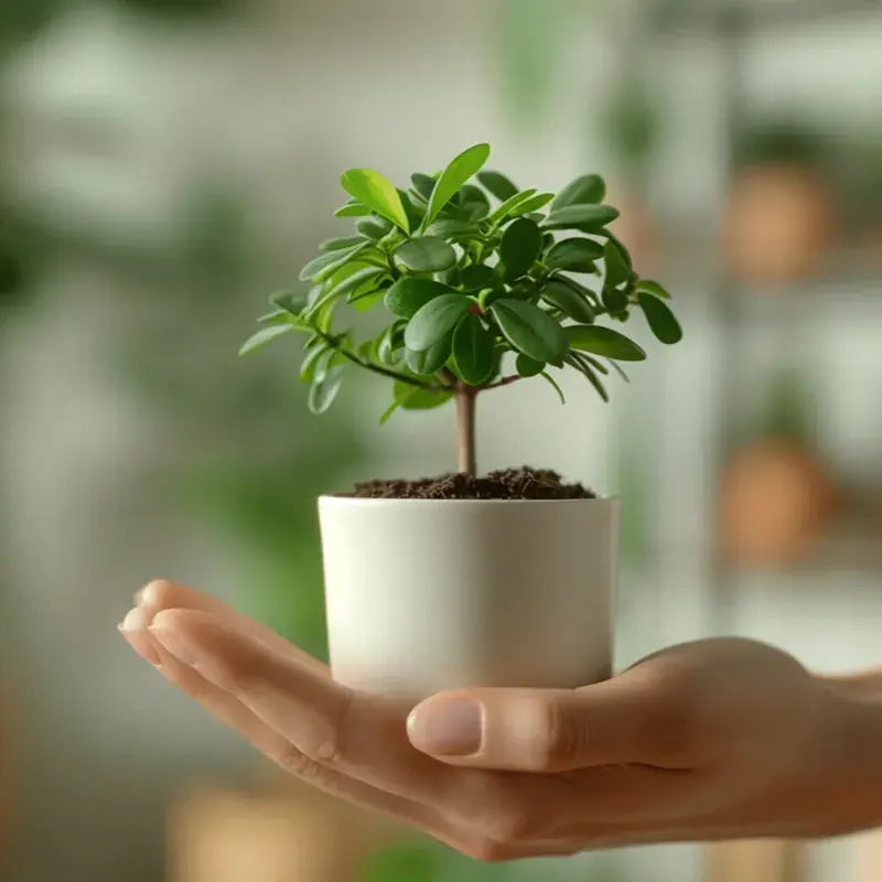 Mano sosteniendo pequeña planta en maceta, símbolo de catering sustentable y banquetería ecológica en Santiago.