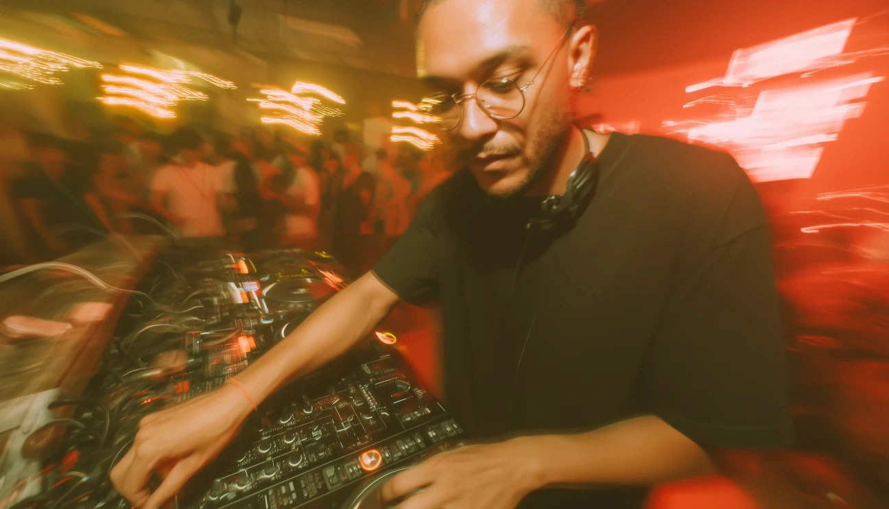 DJ with glasses mixing music with warm light trails