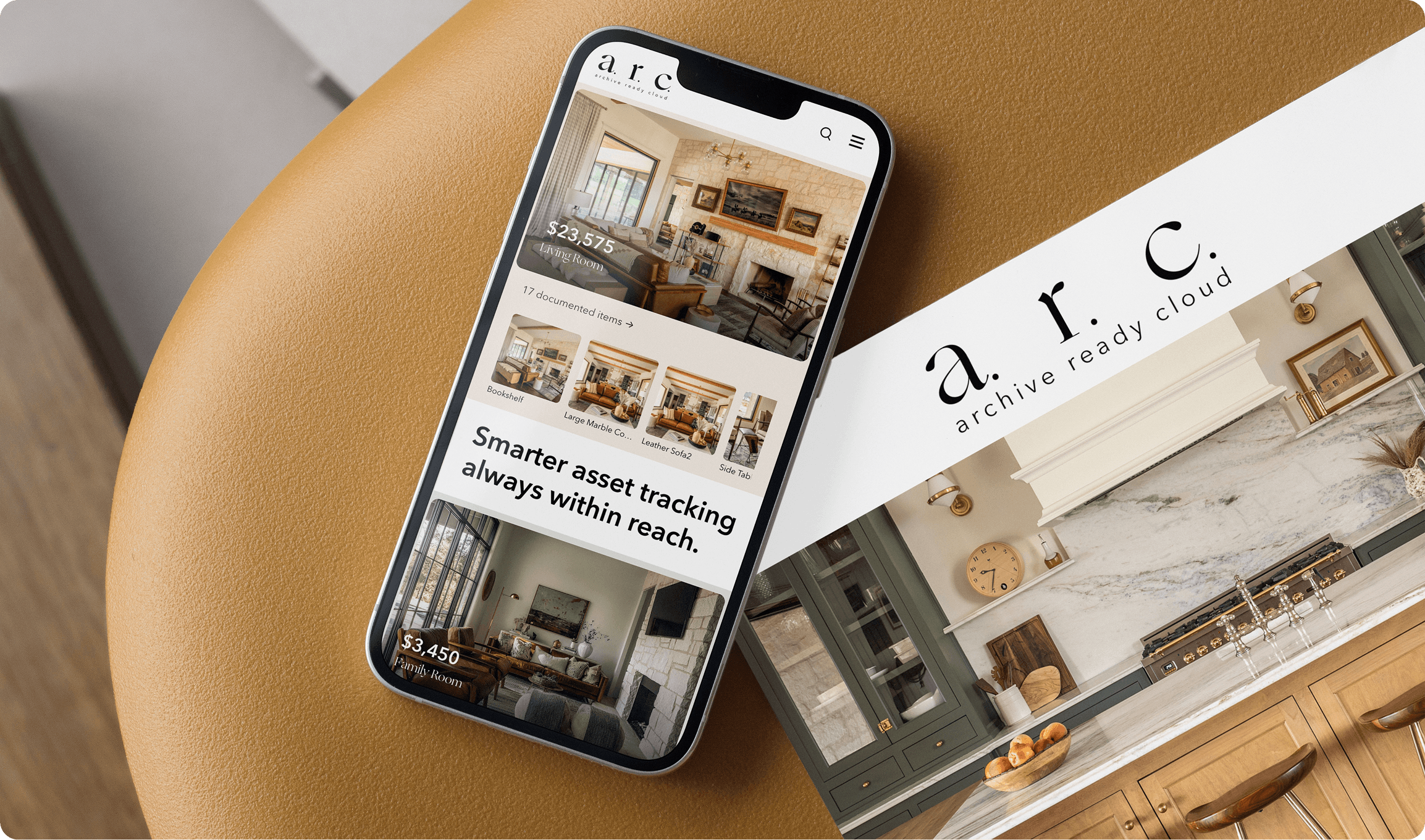 Hill country living room with limestone fireplace, exposed wood beams, leather sofa, and modern rustic decor