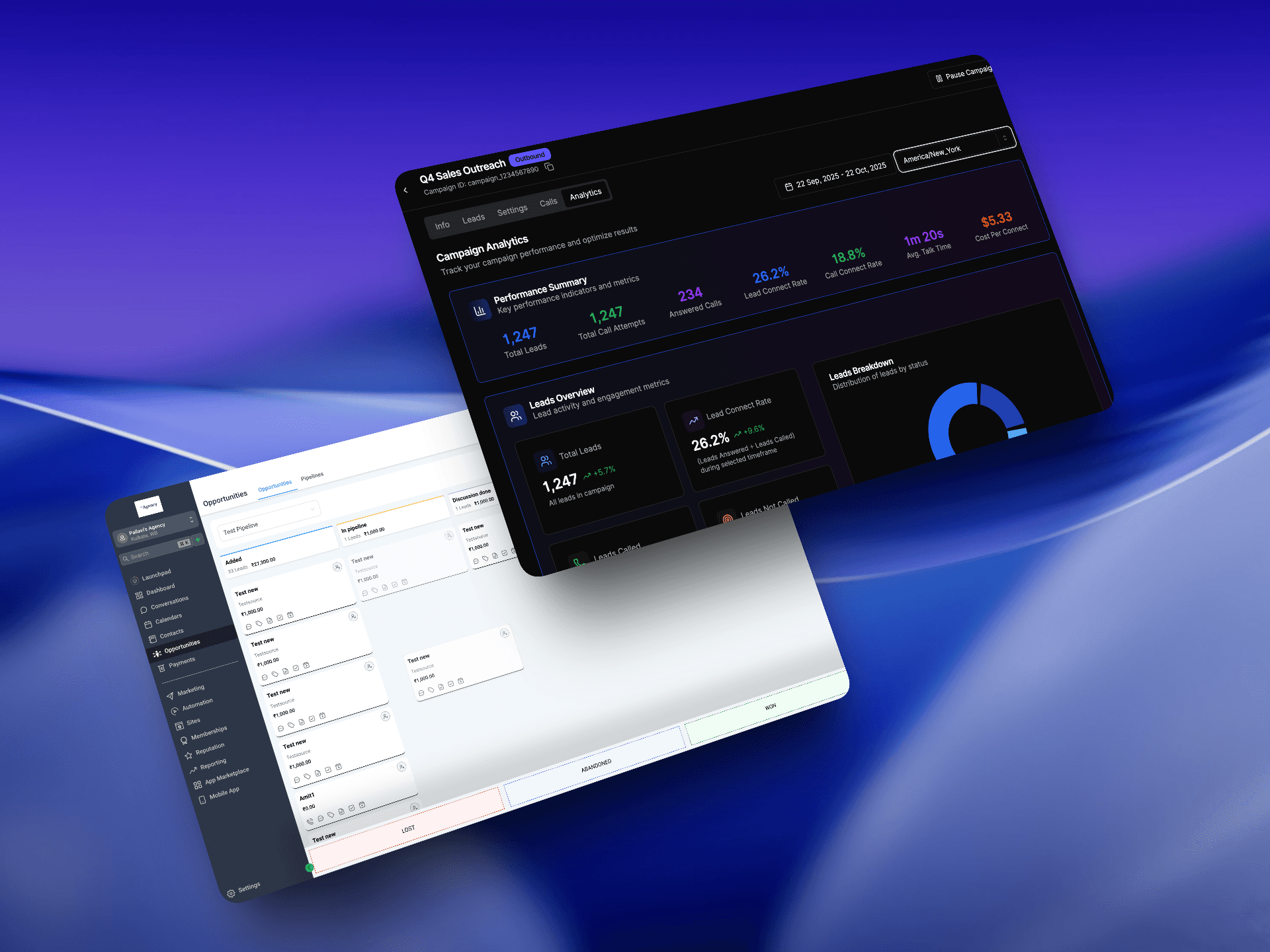 GoHighLevel AI dialer white label dashboard showing campaign analytics with lead conversion rates and contact management interface | VoiceAIWrapper