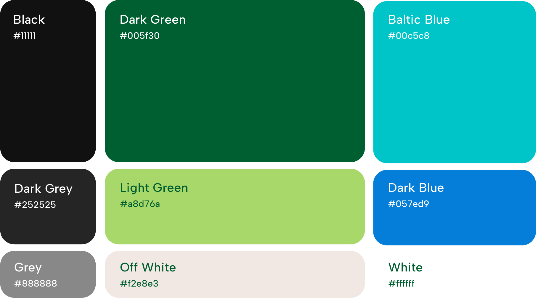 A complete color palette for the brand of Elisaari, grouping earthy nature colors as greens and blues from the baltic sea