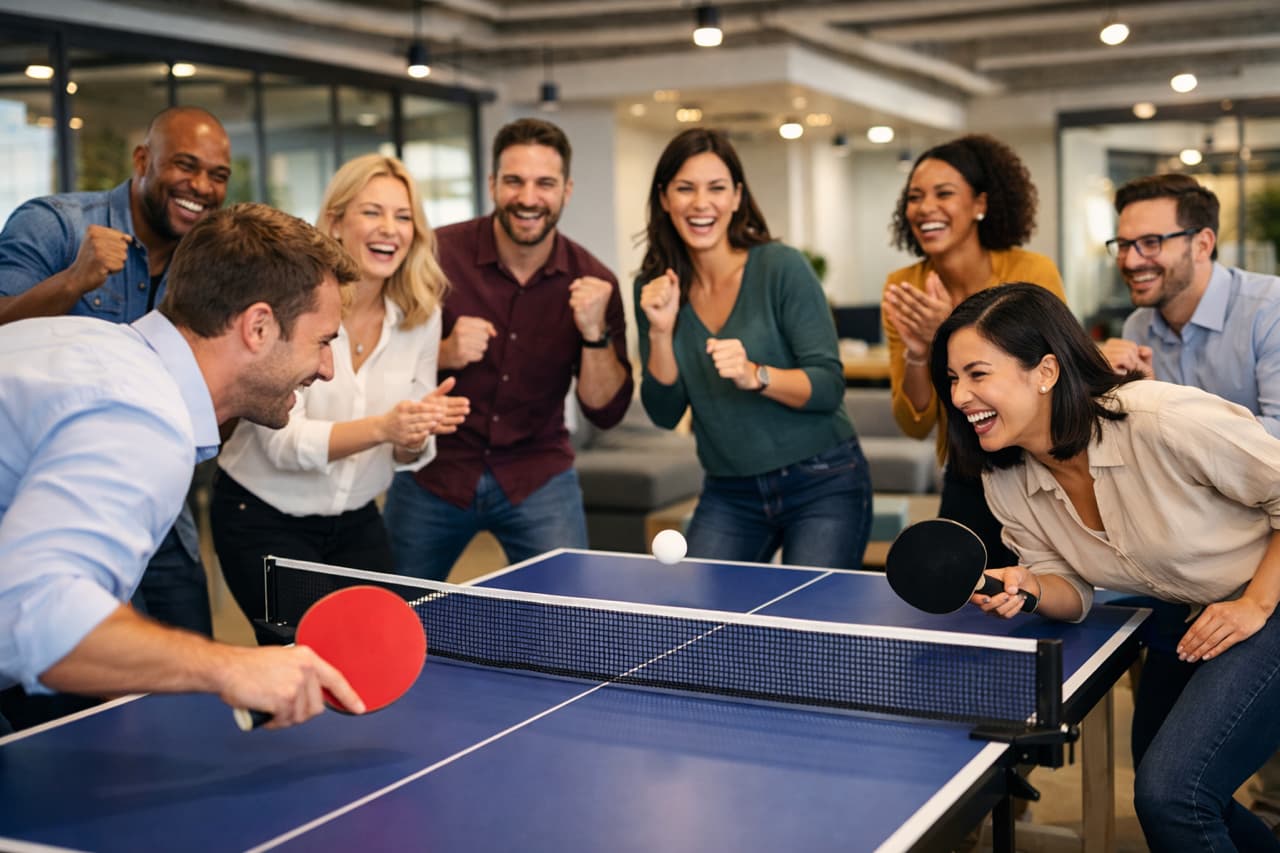 Bedrijfsteam speelt pingpong tijdens team building event van Ping Connect