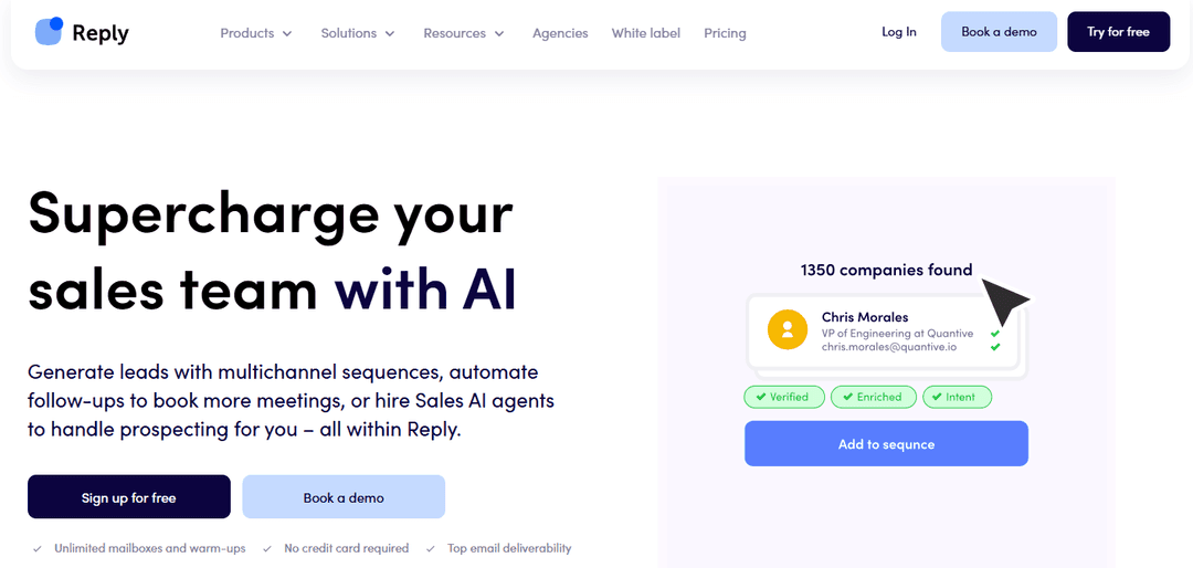 Reply.io sequence builder combining email, social and call steps in one flow