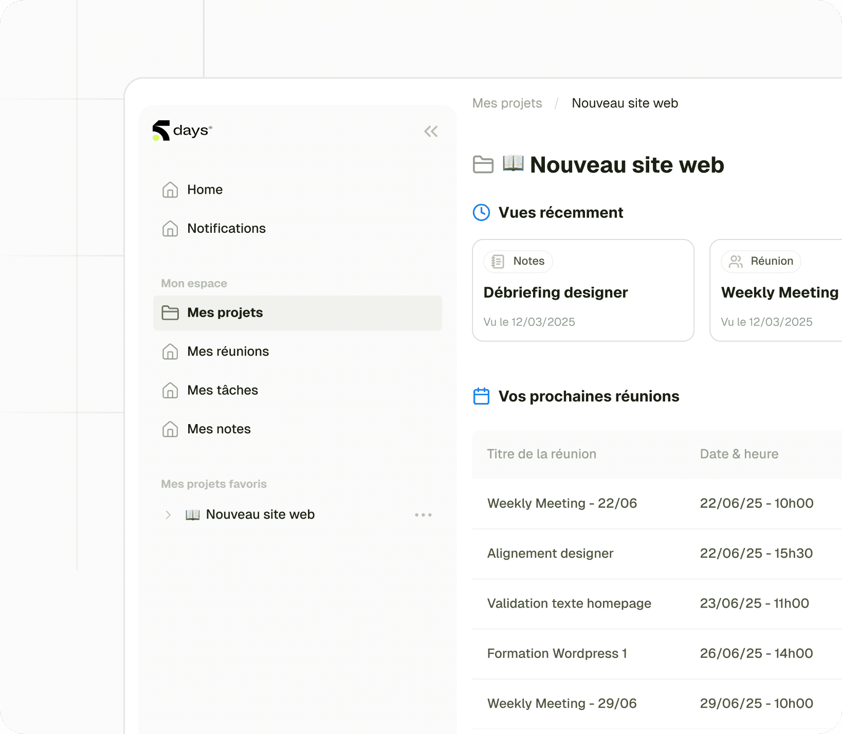 Vue de dashboard Google Meet.