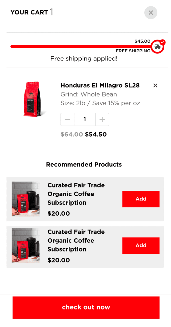 Mobile Shopify mini cart for Equator Coffees displaying added product and recommended items