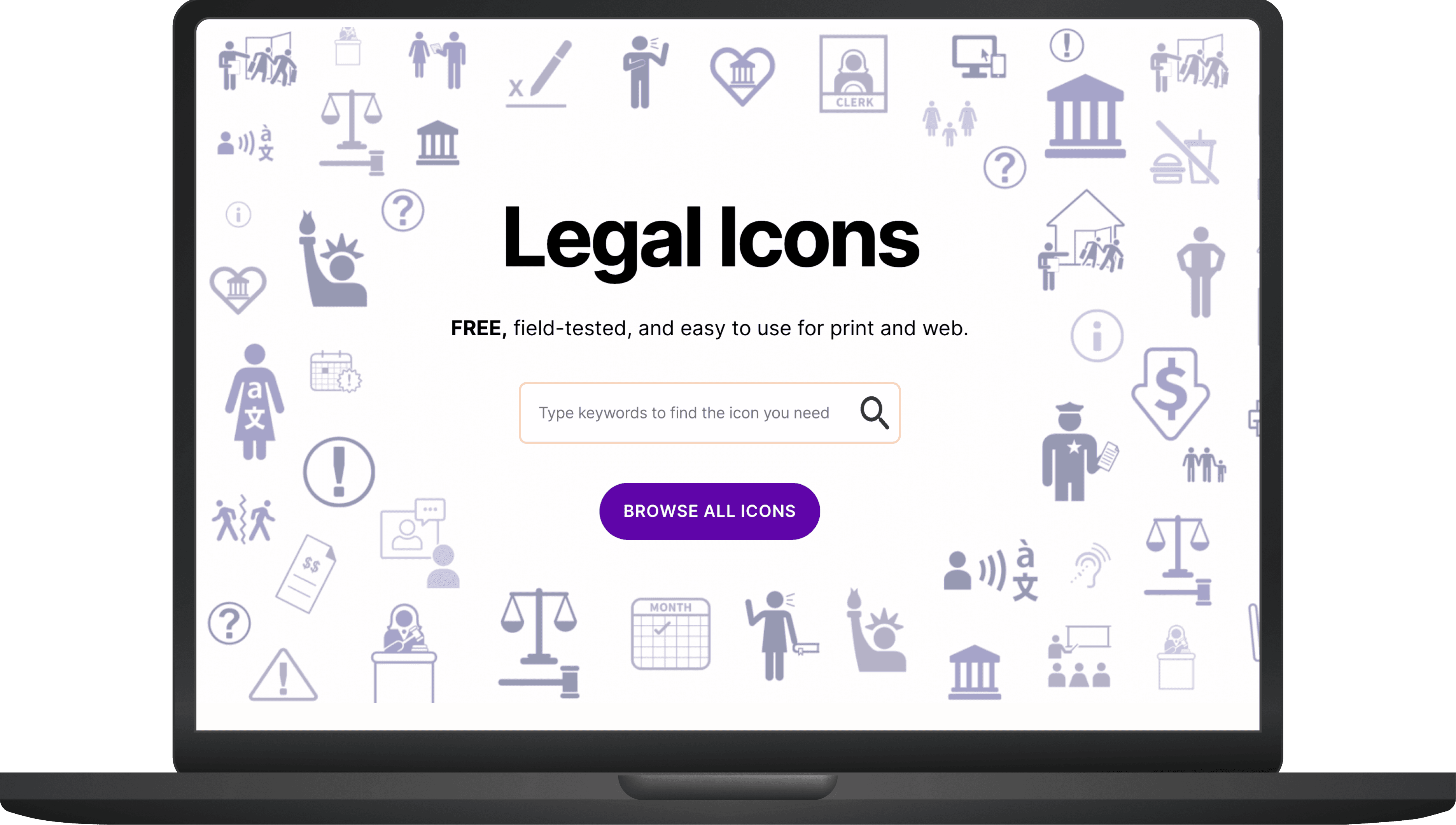 A mockup of the legal icons website on a laptop. Screen says Free, field tested and easy to user for print and web. Includes a search and browse option.