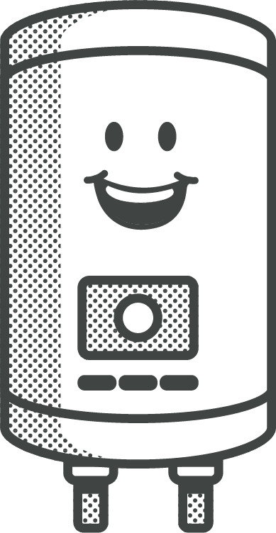 Cartoon water heater with a happy face, digital display, and controls.