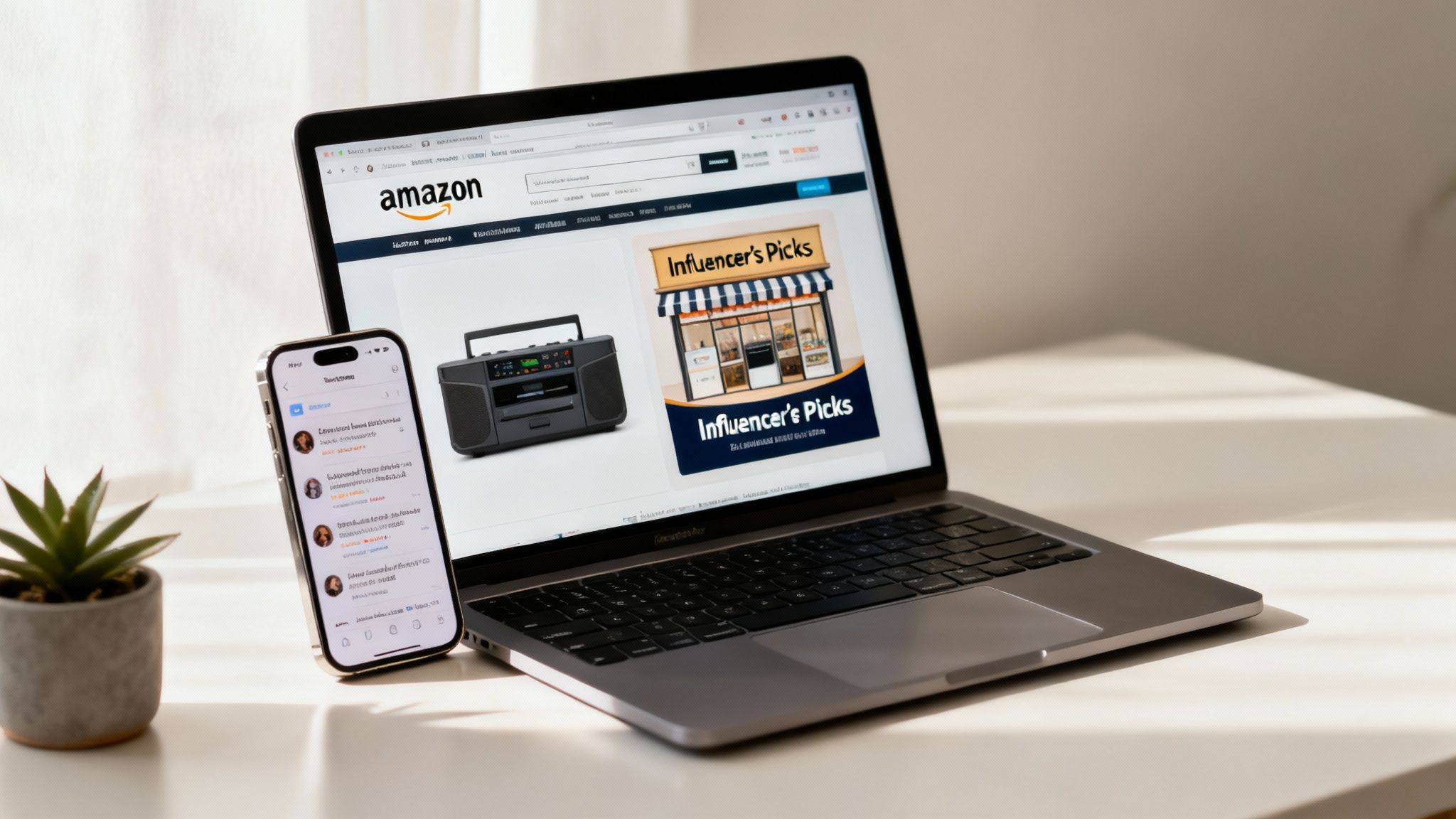 An influencer reviewing a product with an Amazon box in the background