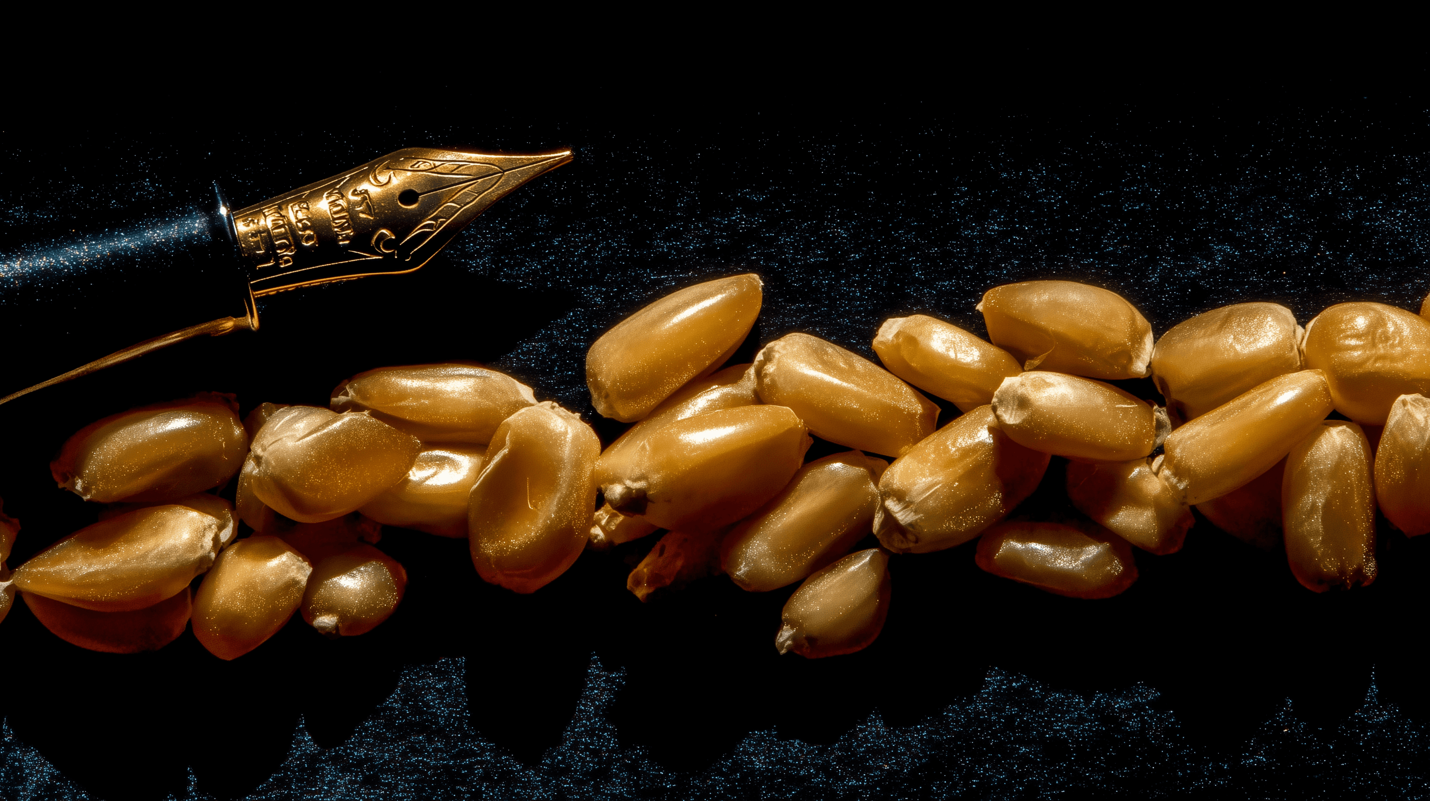 Fountain pen nib poised over a line of golden wheat grains.
