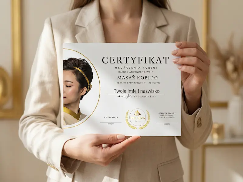 Uczestniczki szkolenia z masażu twarzy prezentujące certyfikaty ukończenia kursu Kobidontki ukończyły szkolenie z masażu Kobido w Gabinecie Belleza Beauty Rzeszów