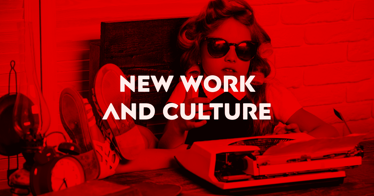 a young girl acting as baby boss on a desk with a typewriter on the table in LAGOM Network Colors and New Work and Culture written on it