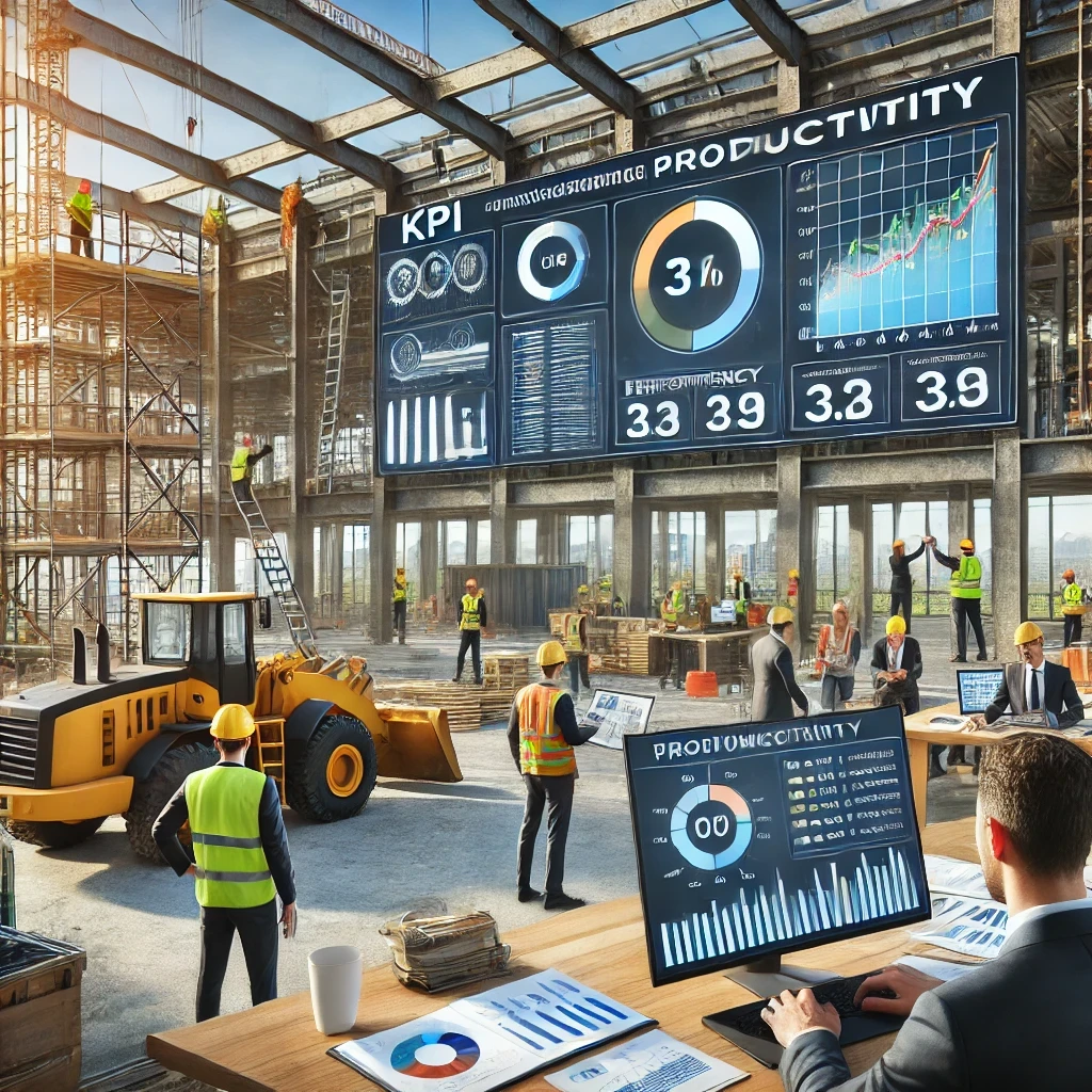 Voici l’image illustrant l’article "Mesurer la productivité de vos chantiers avec les bons KPI". Elle représente un chantier professionnel où les chefs de projet et ingénieurs suivent la productivité à l’aide de tableaux de bord KPI. Des écrans numériques affichent des indicateurs de performance, des graphiques d’efficacité et l’allocation des ressources, tandis que les travailleurs sont activement engagés sur un site bien structuré avec échafaudages, machines lourdes et construction en cours. 🚧📊👷‍♂️