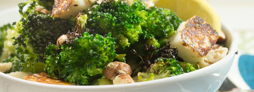 roasted broccoli with halloumi and hazelnuts