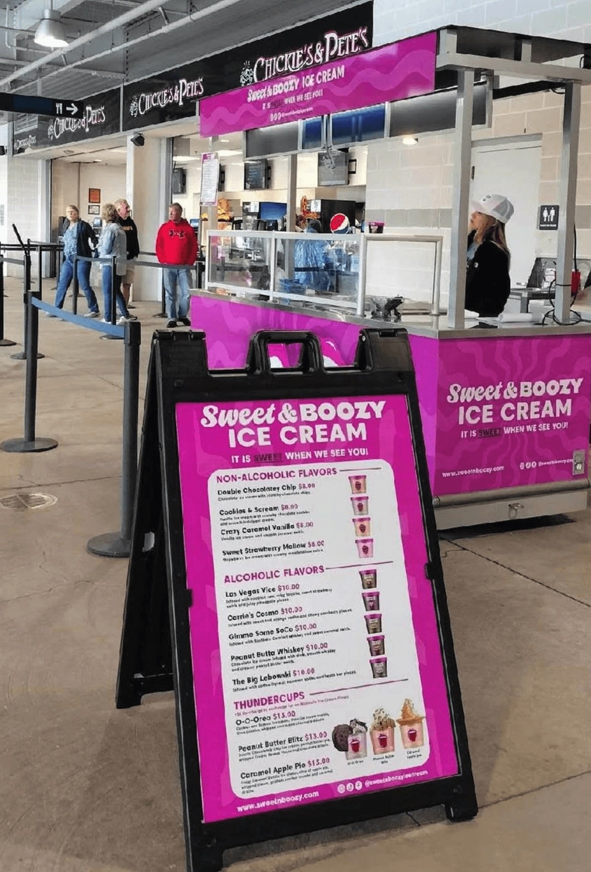 Sweet & Boozy ice cream stand cart at Allegiant stadium A Frame sign