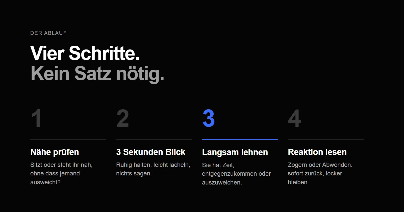 Vier Schritte zum ersten Kuss: Nähe prüfen, 3 Sekunden Blick, langsam lehnen, Reaktion lesen