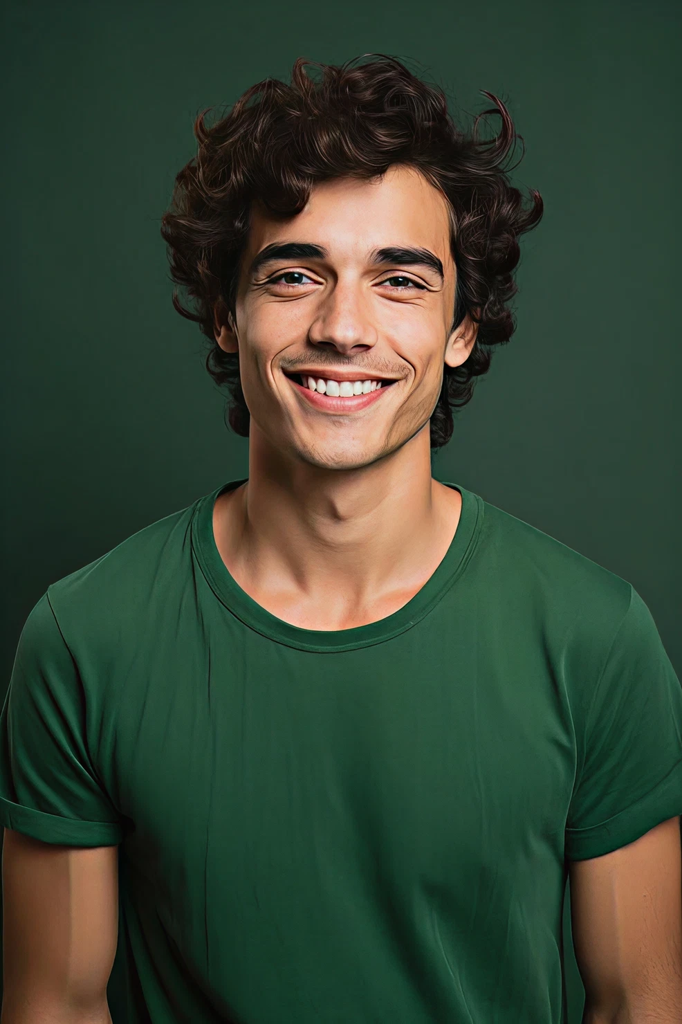 Young man smiling in green shirt featured on dental practice five-star patient review card.