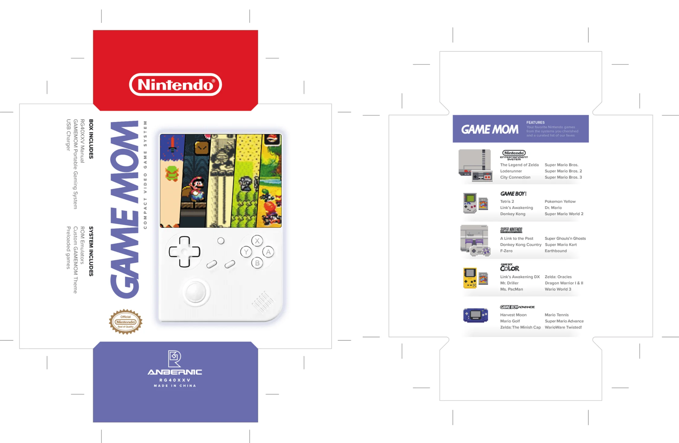 The image features a white foldable cardboard package labeled "Game Mom" by Anbernic, displaying colorful retro game screenshots and a Nintendo logo. Rob Harrigan Design. Rob Harrigan. 