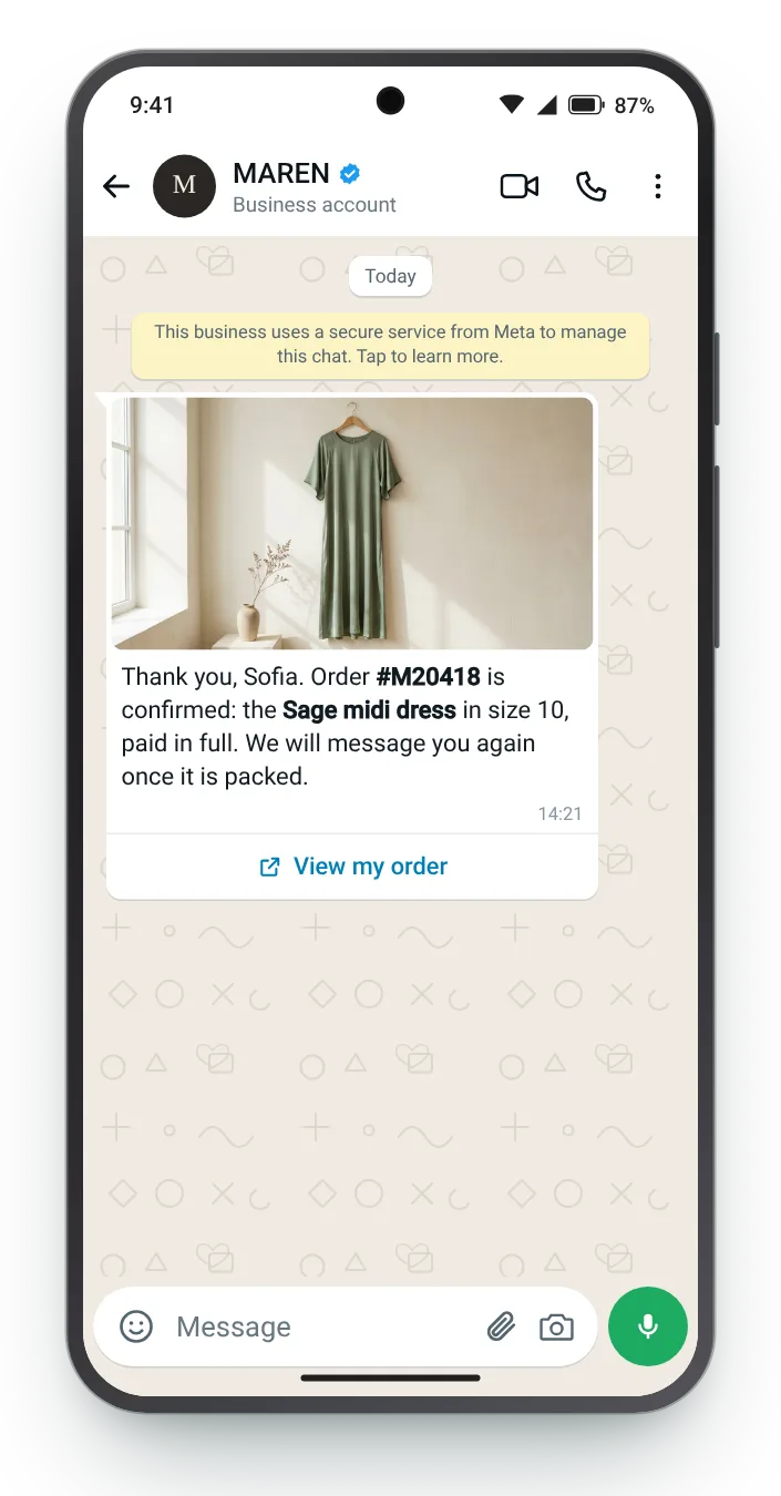 The dress they bought, confirmed: WhatsApp order confirmation on an Android phone