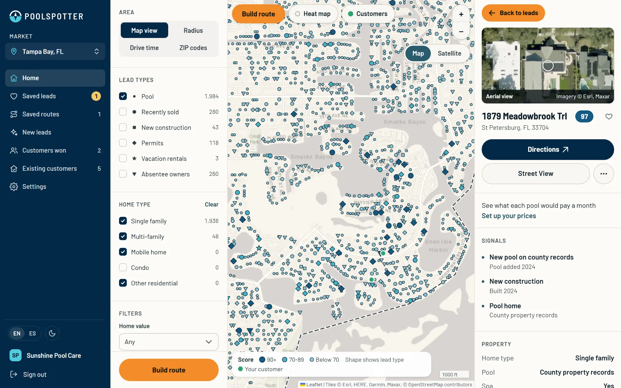 A lead opened on the desktop app: an aerial photo of a new pool home in St Petersburg with its score of 97, Directions and Street View buttons, and the signals behind the score: a new pool on county records, new construction and a pool home on county property records
