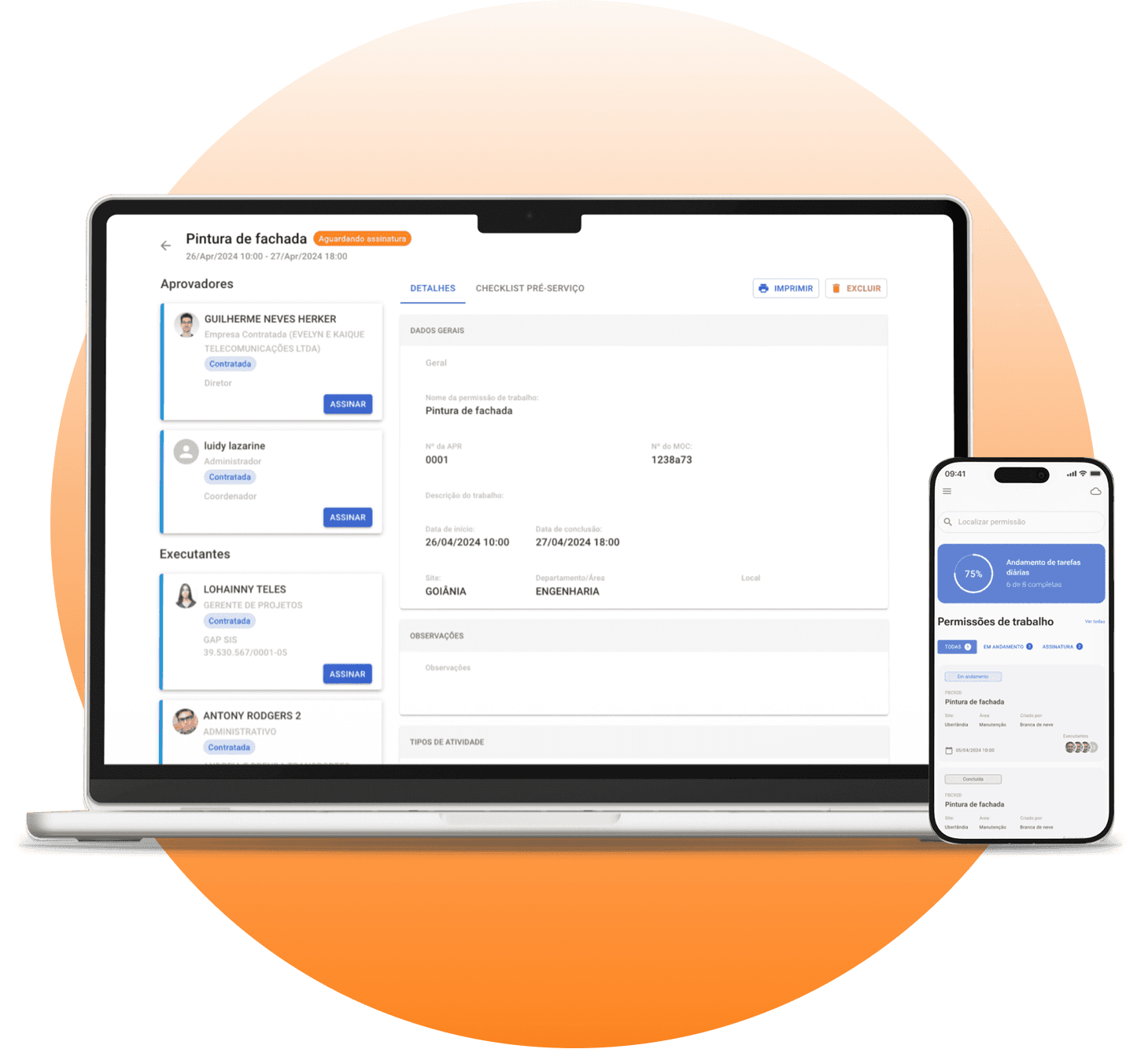 Tela de computador e de celular, mostrando como é feita uma permissão de trabalho pelo sistema da GAP