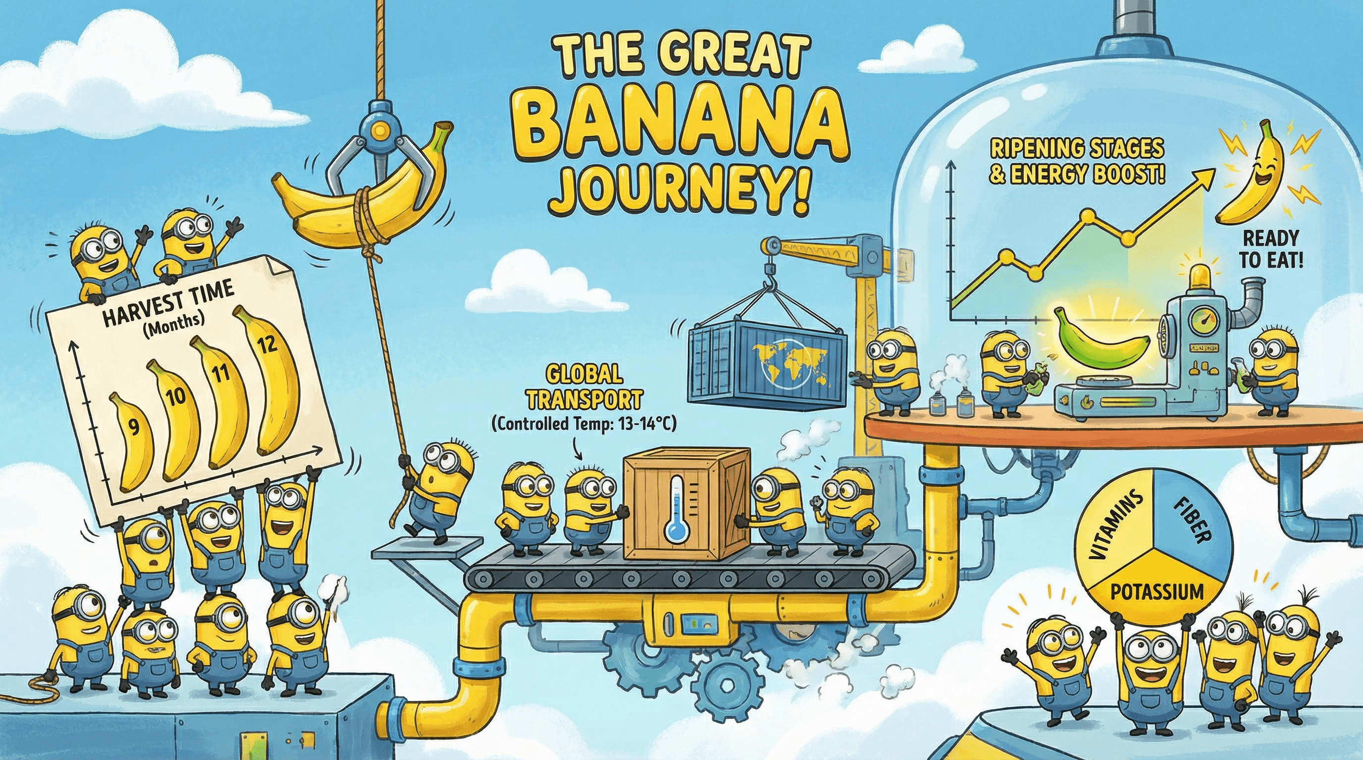 3D animated movie style infographic featuring small yellow characters building charts in a playful industrial setting.