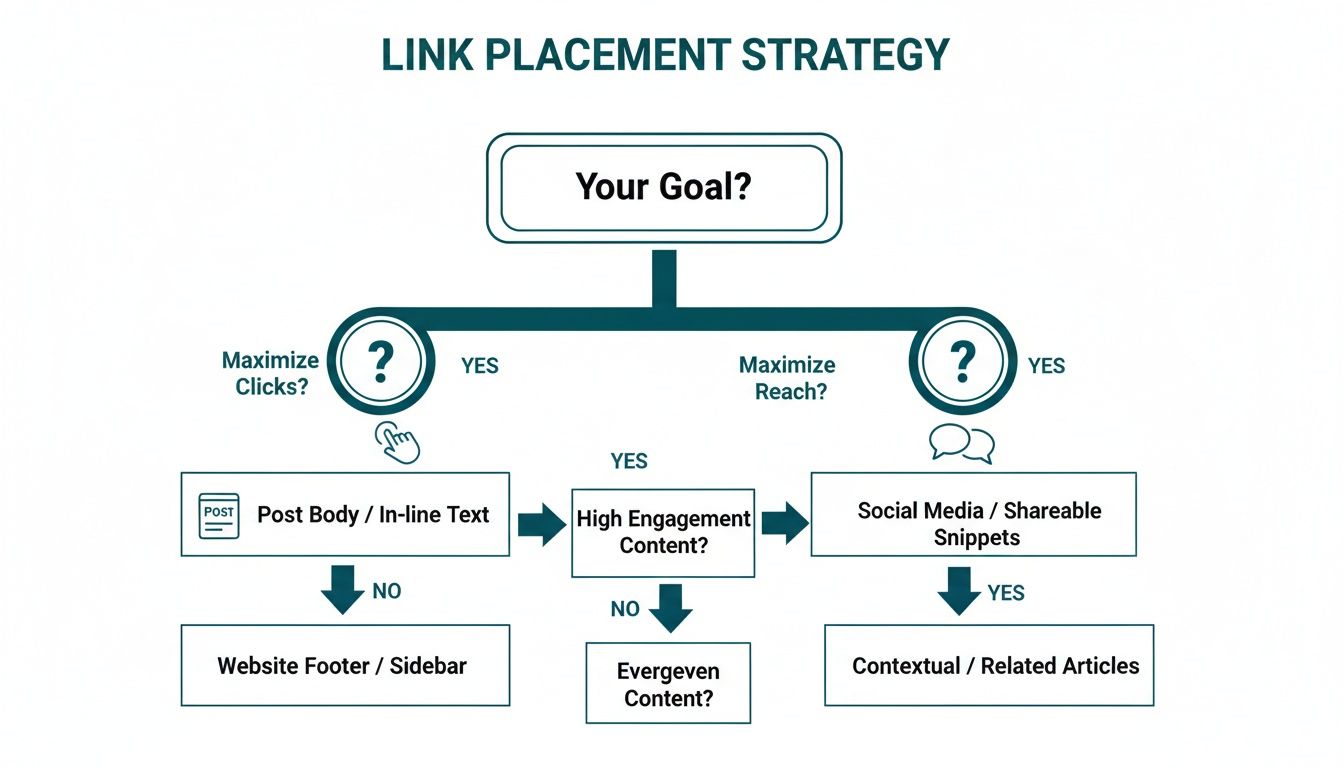 Flowchart illustrating a link placement strategy based on goals to maximize clicks or reach.