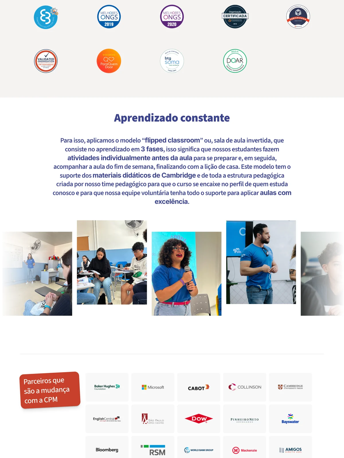 Seções de método de ensino e parceiros na página inicial do site do Cidadão Pró-Mundo no computador