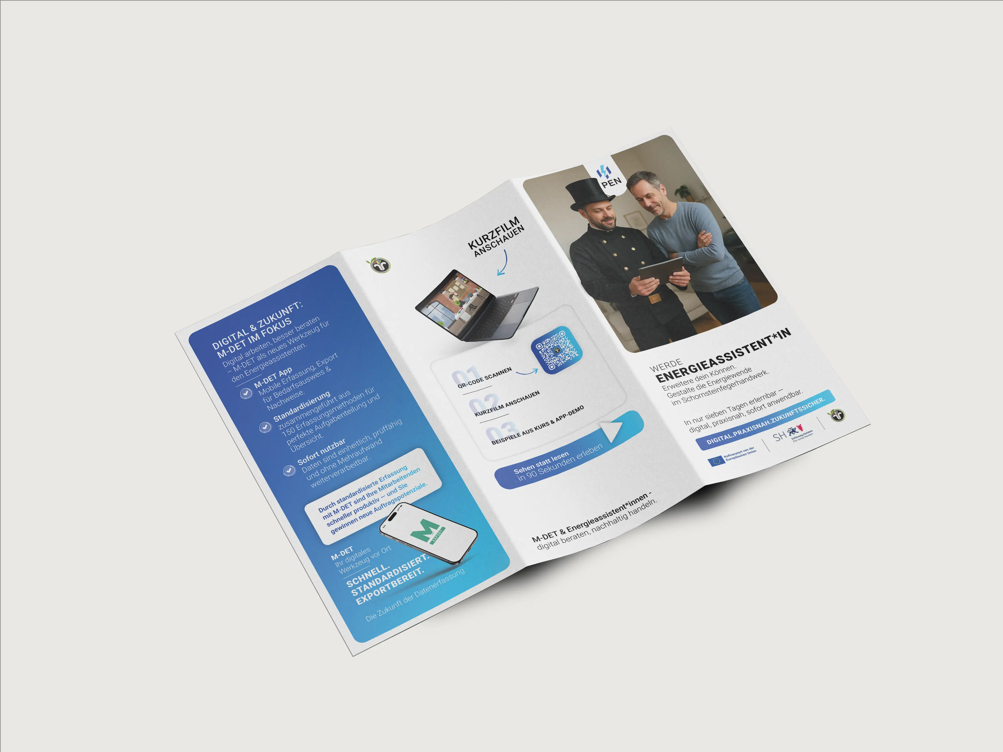 Rückseite des Energieassistenten-Flyers mit QR-Code zum Kurzfilm und drei Schritten zur App-Demo