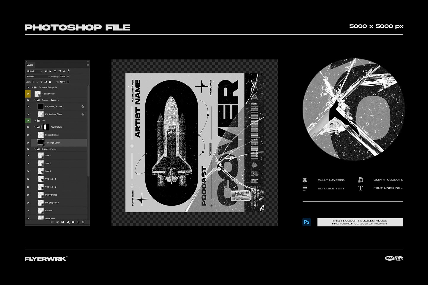 Creative album cover template featuring a space shuttle illustration and a realistic broken glass overlay