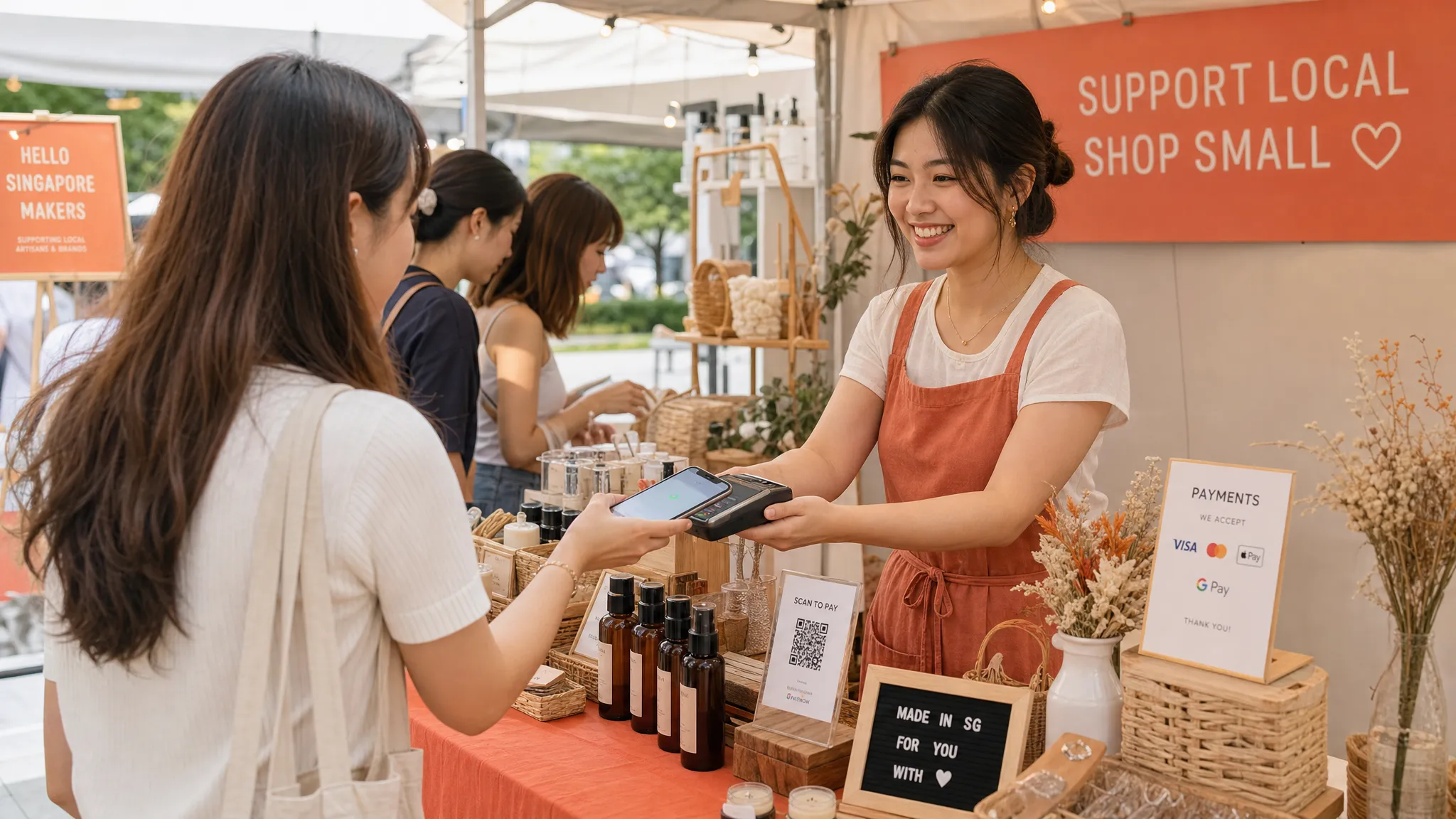 A Singapore pop-up market stall where a small business owner accepts a contactless card tap on the back of a smartphone while shoppers browse products behind the table.