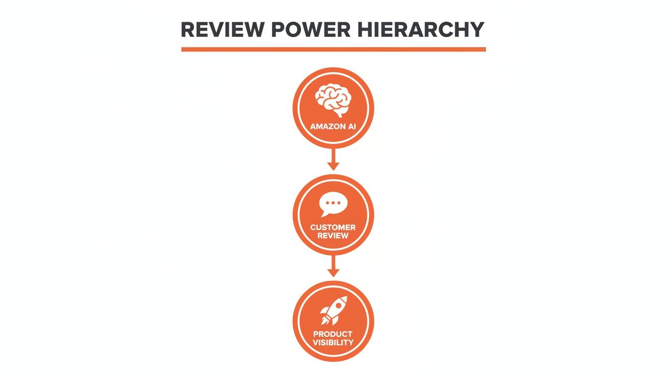 A flowchart depicting the 'Review Power Hierarchy' for Amazon, showing Amazon AI influencing customer reviews and product visibility.