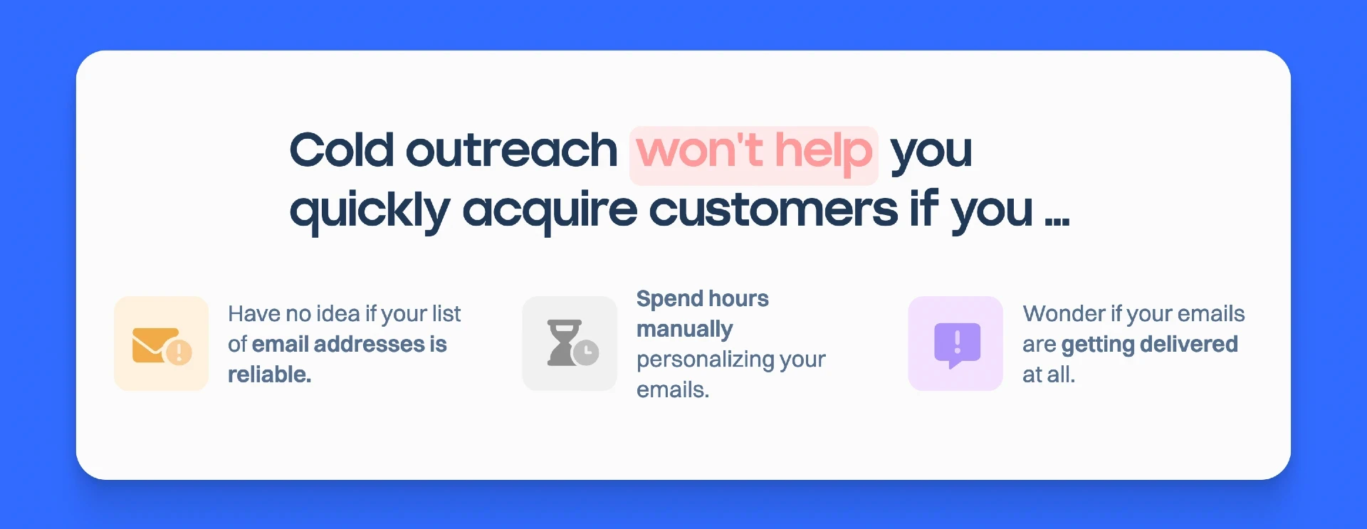 A SaaS landing page element discussing typical cold outreach challenges for sales teams