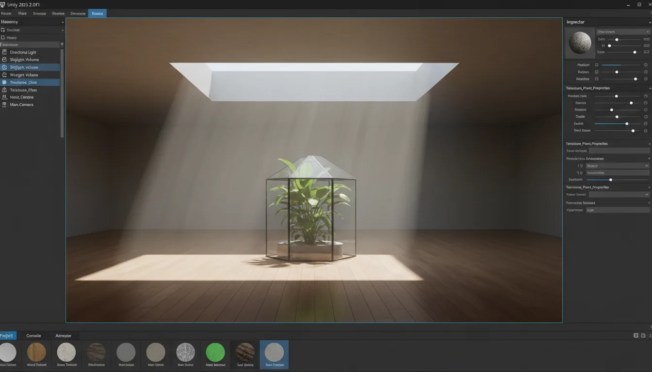 A screenshot of the Unity 3D editor software interface in Modern Dark Mode. The central viewport displays a photorealistic 3D architectural scene of a modern interior with wooden floors, where sunlight from a large skylight creates strong volumetric light rays and a distinct shadow. A black-framed glass terrarium containing a vibrant green plant sits in the middle of the room. The editor is surrounded by UI panels: a hierarchy list with abstracted text lines on the left, a detailed inspector panel with numerous sliders and placeholder data fields on the right, and a multi-tabbed project panel at the bottom showing a grid of 3D material sphere icons.