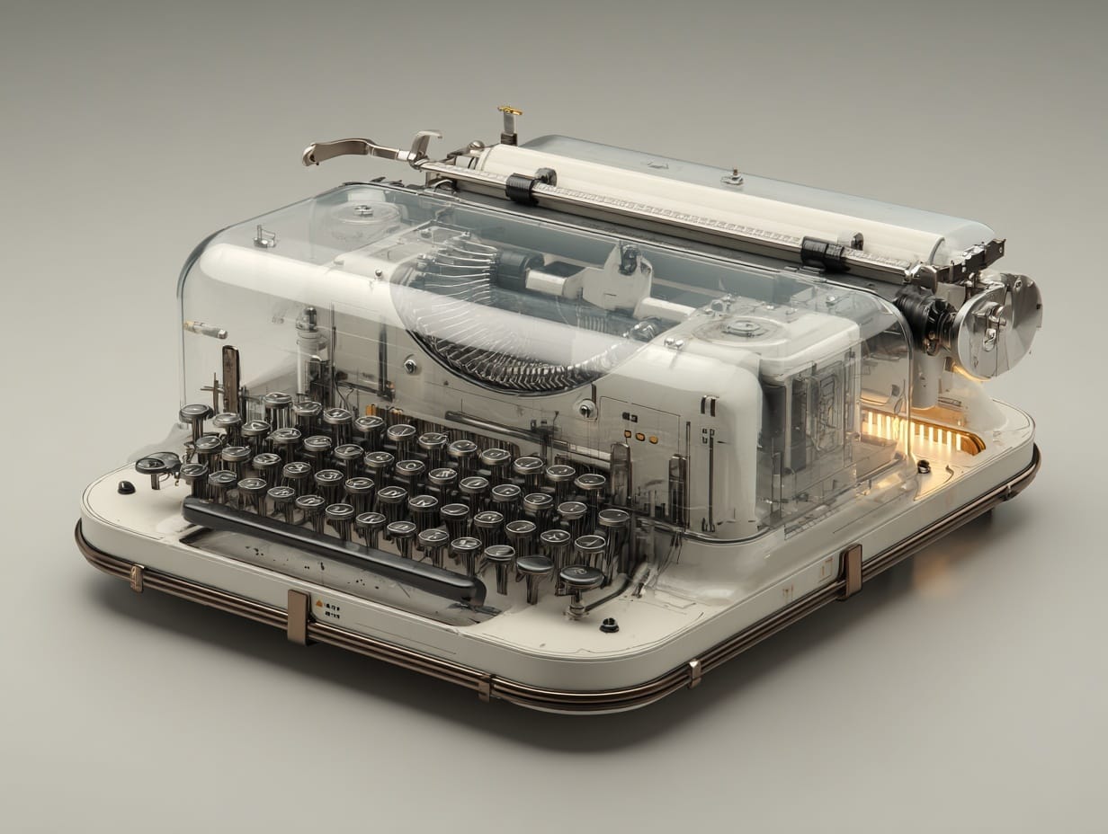 A futuristic digital typewriter blending mechanical keys with a slim modern display.
