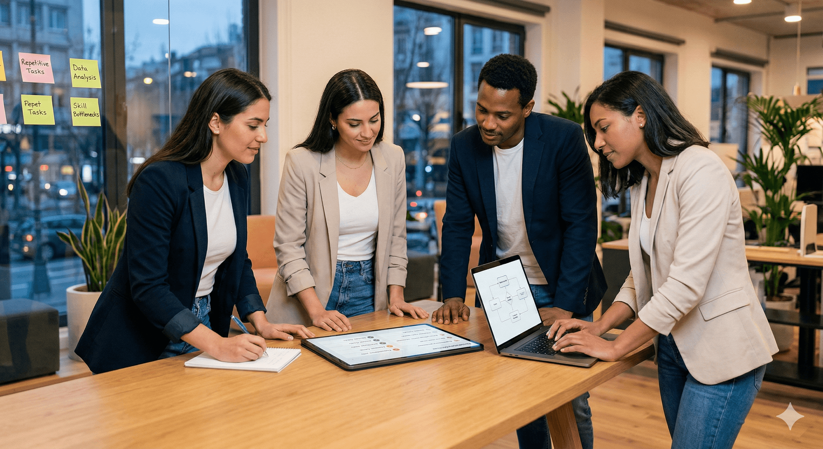 Four colleagues gather around a conference table, analyzing data on a digital screen and laptop, exemplifying a modern workspace ideal for learning how to identify and scale AI use cases, as highlighted in the 2026 Playbook.
