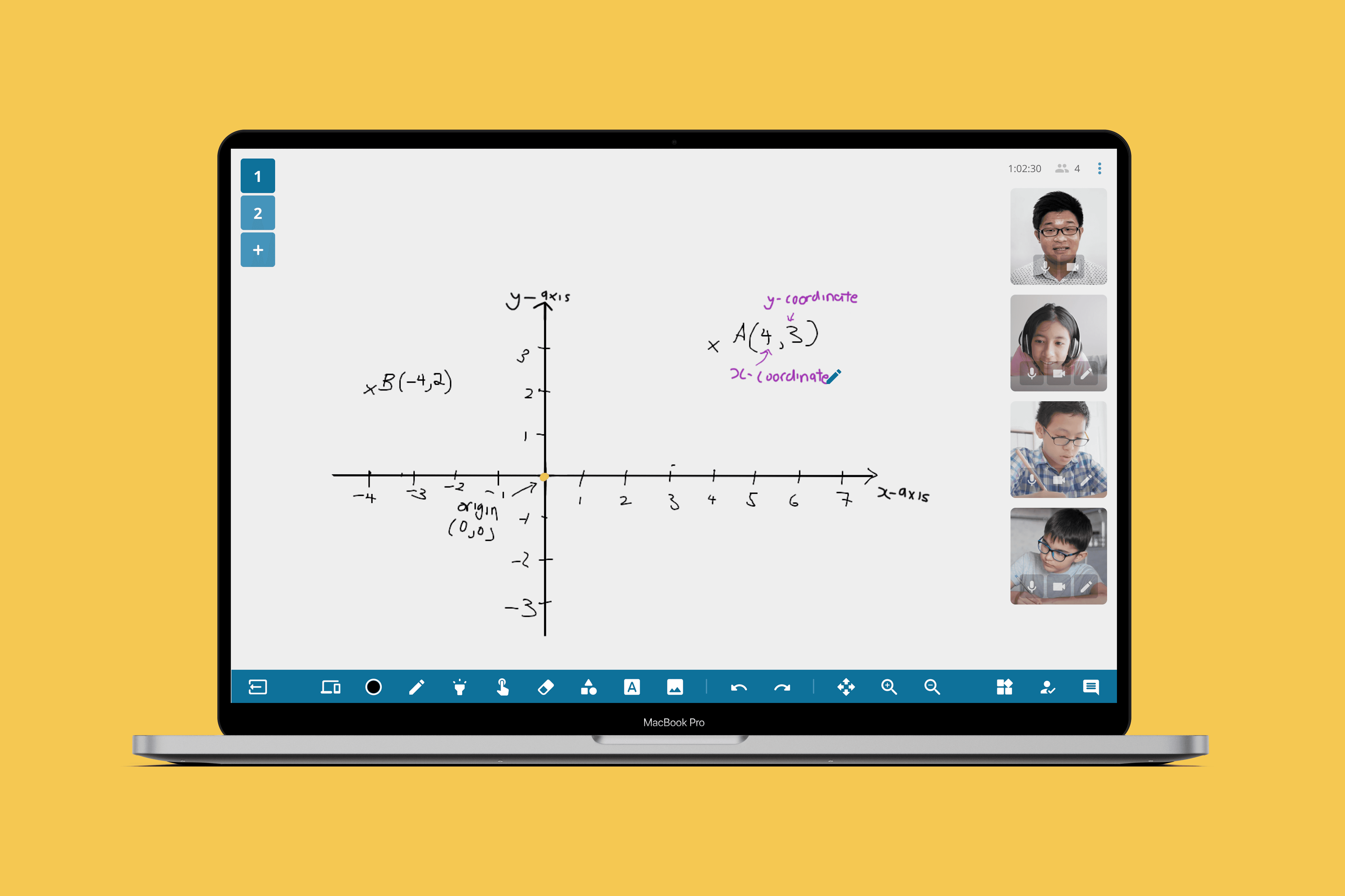 A laptop screen displaying HeyHi's whiteboard feature with a tutor and student engaged in a live class