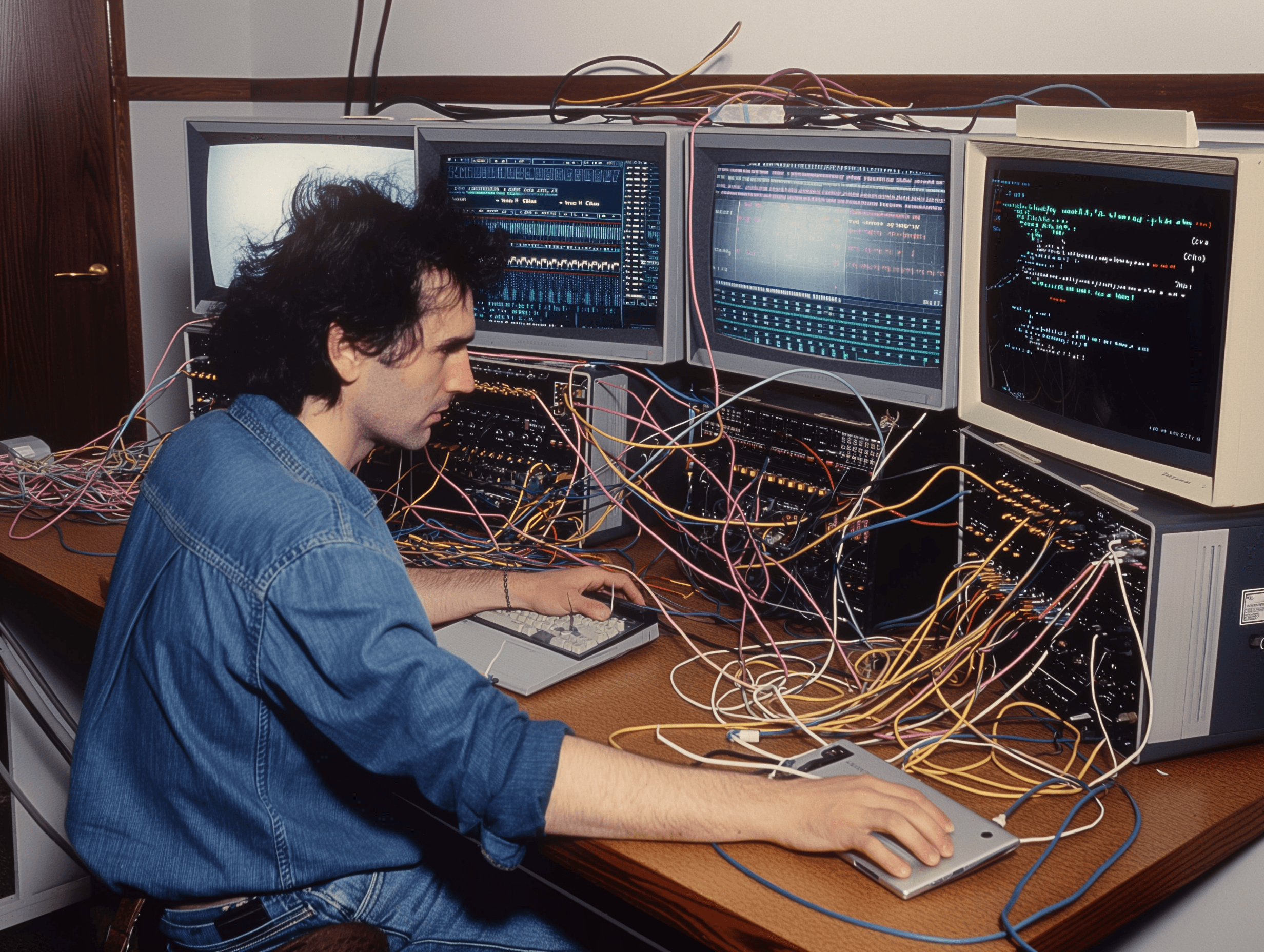 Person with blue jacket is sitting in a desk full of wires connected to old monitors 