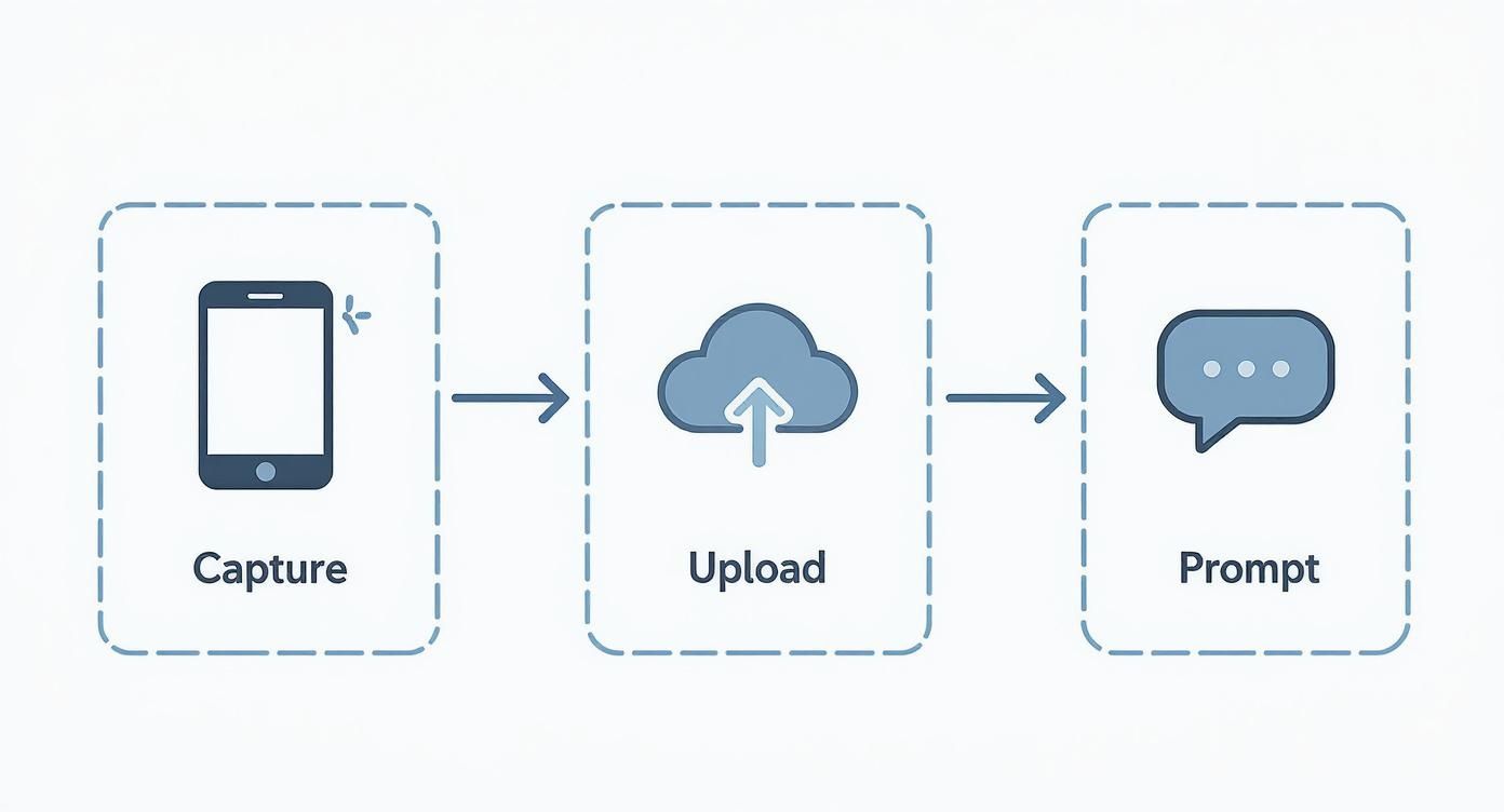 A three-step process flowchart: capture with smartphone, upload to cloud, and prompt with a chat bubble.