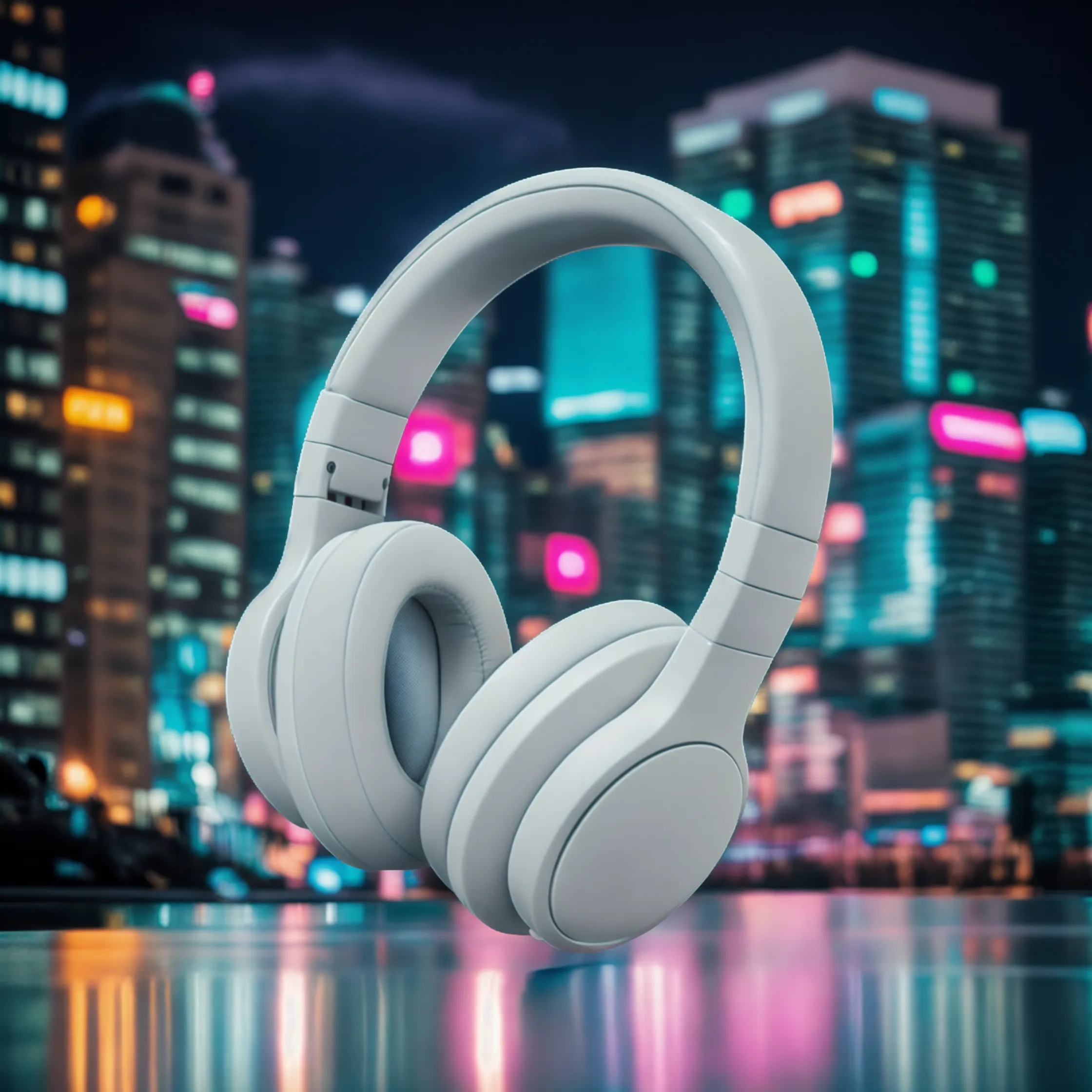 White headphone in front of a coastline in a city at midnight. Image generated by AI using Fuzer