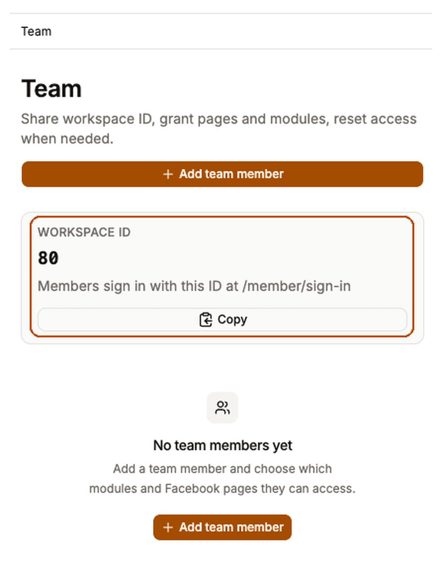 Team screen with the Workspace ID panel highlighted, showing the ID members need in order to sign in.