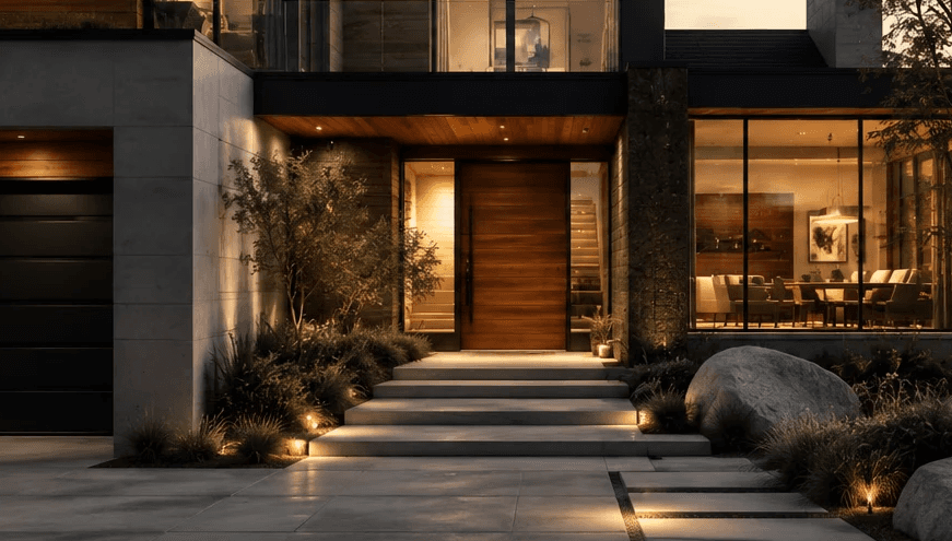 Luxury backyard garden suite with warm lighting, modern interior, floor-to-ceiling glass, and premium contemporary living space designed by UR-SPACE in Calgary.