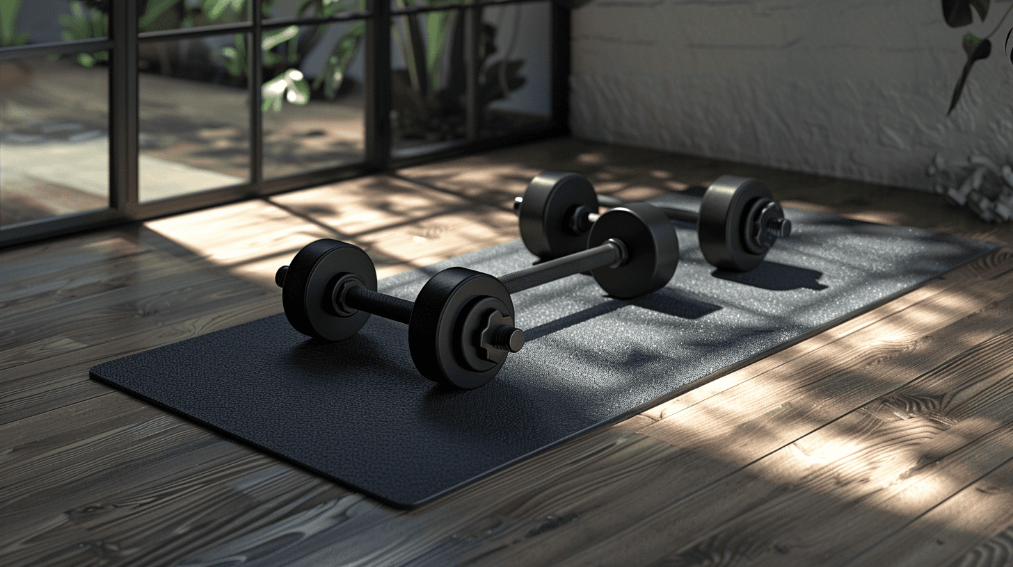 Dumbbells and a workout mat ready for a home workout.