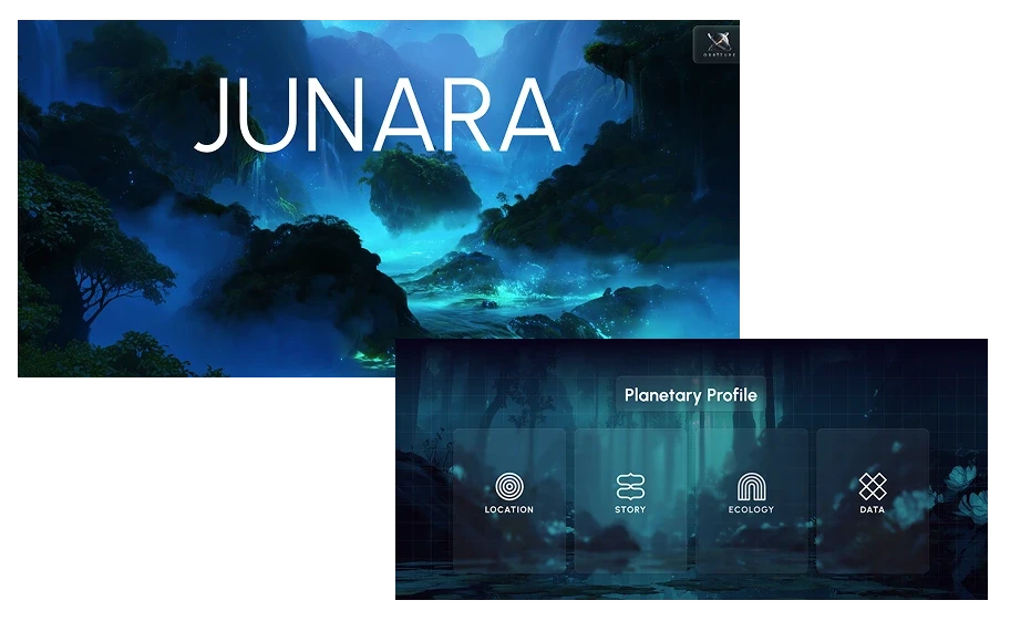 Screenshots of hero and planetary profile sections of Junara webpage.