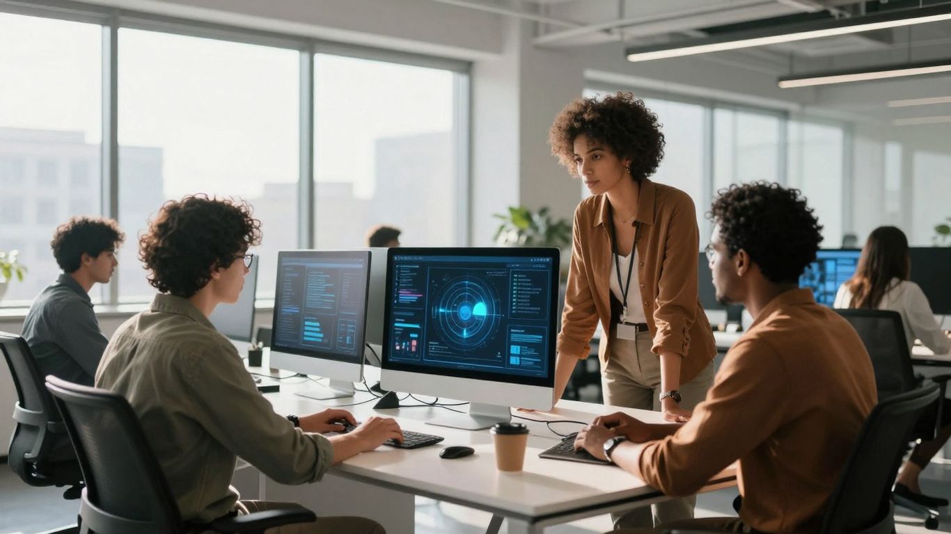 Funnel Boost Media office with team and digital interfaces.