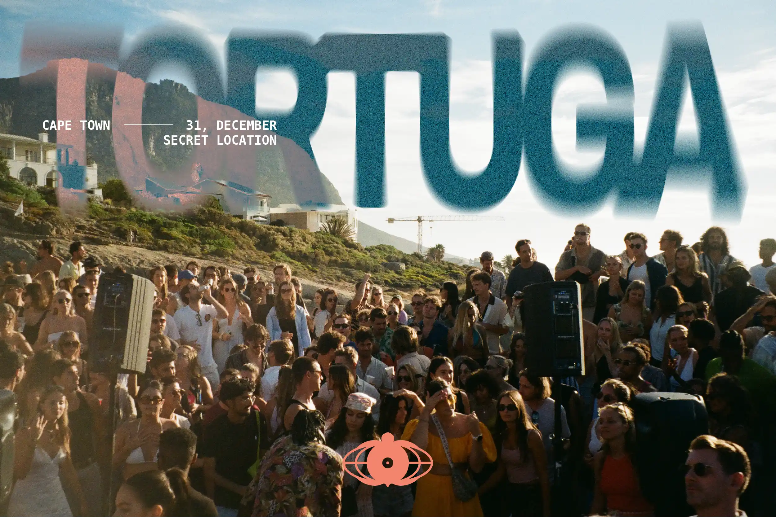 Outdoor DJ set in Cape Town with dancing crowd and Tortuga branding overlaid in green and pink motion-blurred typography.